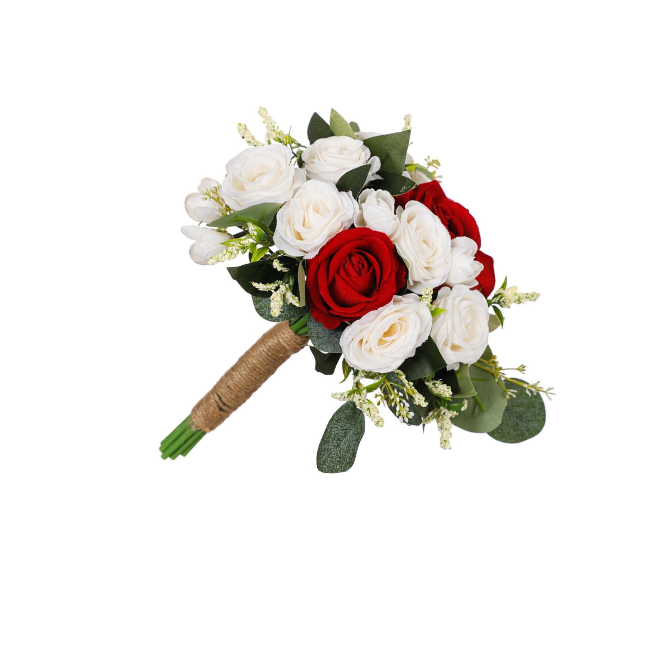 TWISAXC Elegant Artificial Bridal Bouquet Rustic Fake Flowers Romantic Wedding Bouquet Keepsake Long Lasting Tossing Will Never Wilt And Can Be Kept As Keepsake Long After, Red White, 24x24x27cm