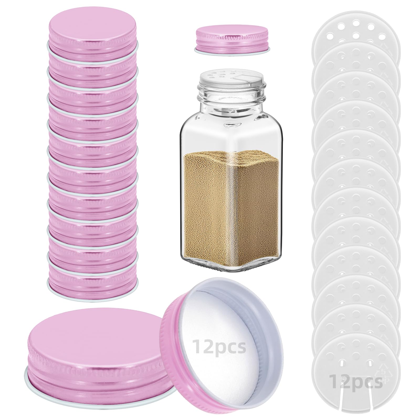 Eispap Pink 12 Iron Spice Jar Lids With 12 Shaker Inserts, Fit 4Oz & 6Oz Glass Jars, Airtight Metal Caps, 2-In-1 Pour & Sprinkle Design For Salt, Pepper & Seasoning (Jars Not Included) (Pink)