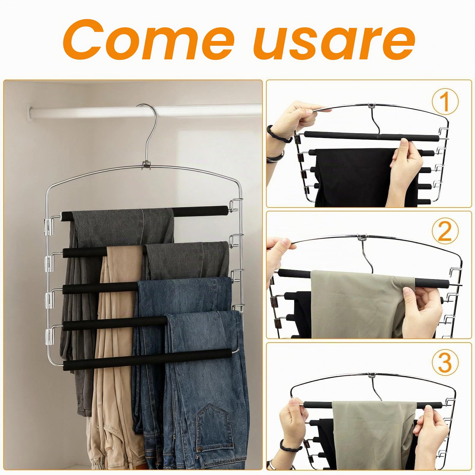 4 Pezzi Grucce Pantaloni, 5 Ppivelli Appendini Armadio con Imbottitura Antiscivolo, Gruccia Pantaloni, Stampelle per Pantaloni, Grucce Appendiabiti Pantaloni, Grucce Multiple per Foulard