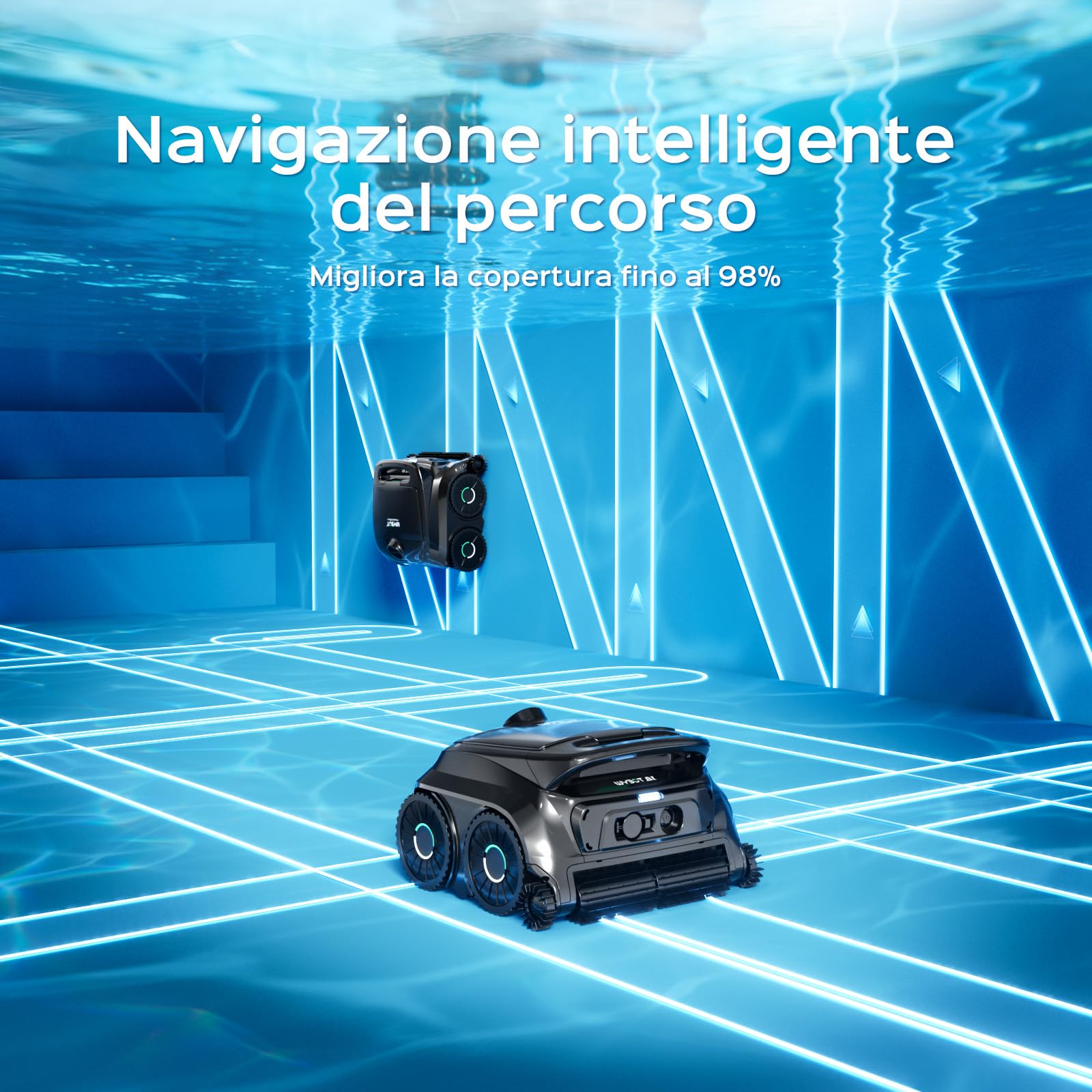 (Upgrade 2026) WYBOT B1 Robot Piscina Senza Fili Pareti e Fondo, Robot di Pulizia Intelligente, Autonomia 120 Min, con App, Due Spazzole Laterali, per Piscine Fuori Terra e Interrate Nero | Robot da piscina senza fili