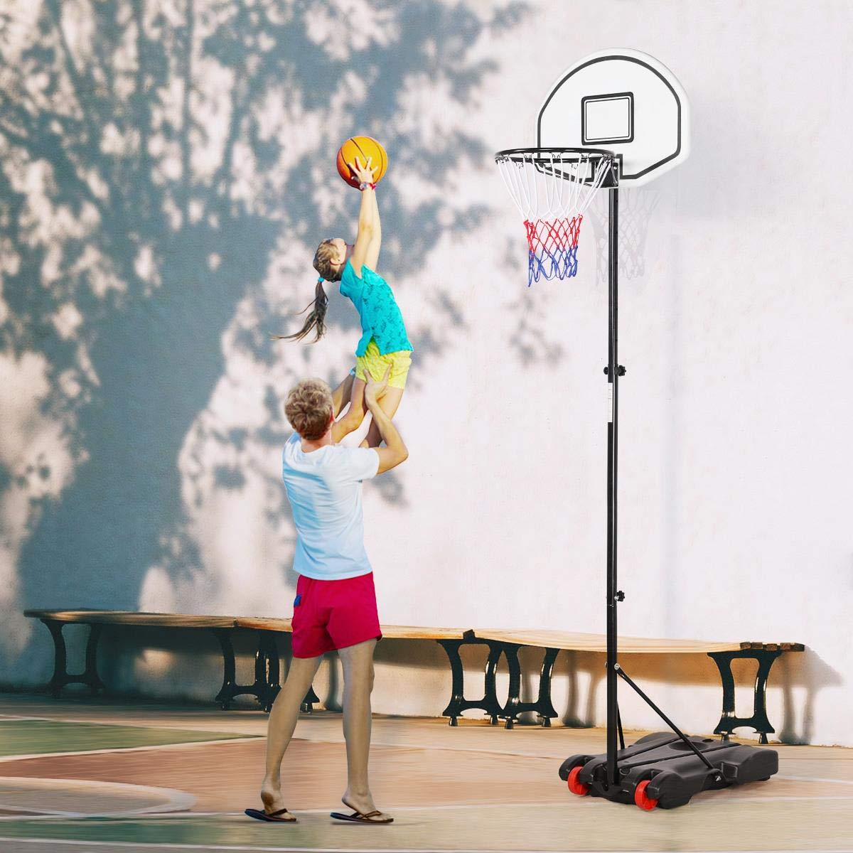 Yaheetech Cestino da basket per esterni/interni altezza regolabile da 159 a 214 cm tavole da basket con ruote per bambini e adulti