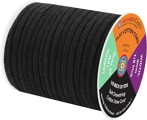 Mandala Crafts Black Flat Drawstring Cord Drawstring Replacement, 1/8 Inch 20 YDs Black Soft Drawstring Cotton Draw Cord Hoodie Sweatpants Drawcord Replacement