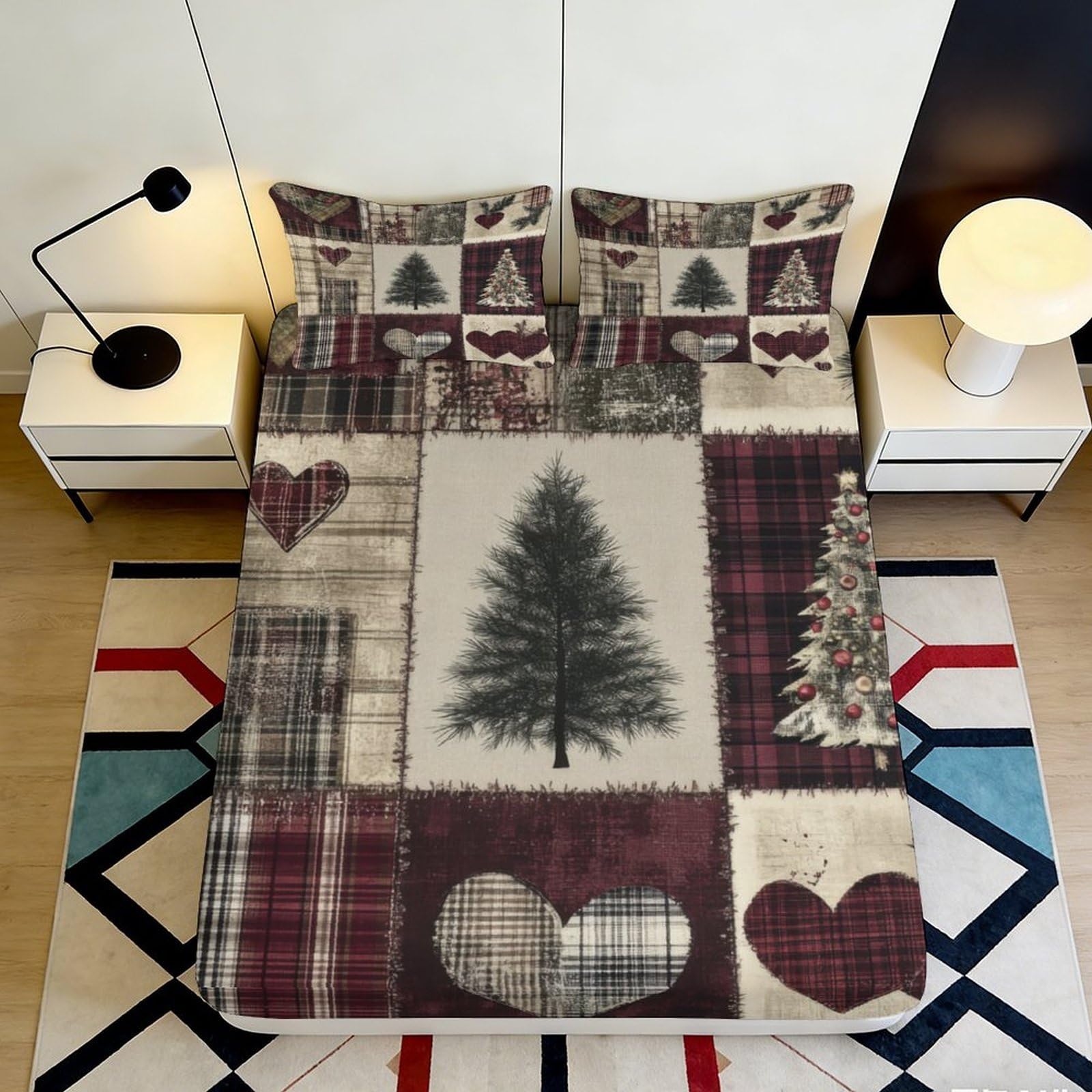 3D Printed Christmas Tree Patchwork Fitted Sheet Microfiber Soft Plaid Heart Bed Cover for Bedroom Guest Room 90x200x25cm