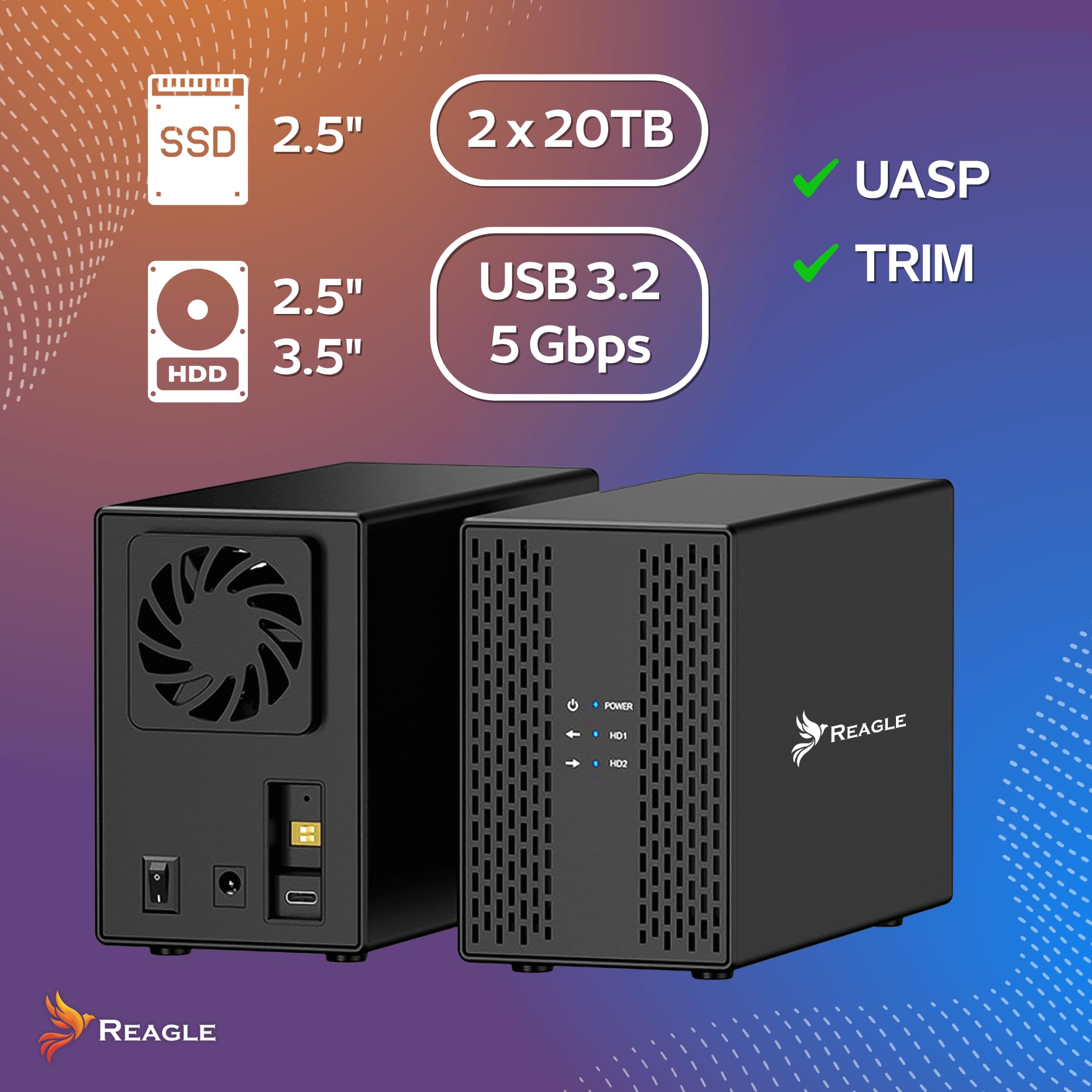 REAGLE Obudowa dysku twardego do 2,5 cala, 2 x 3,5 SATA I, II, III USB 3.2 obudowa HDD SSD 2X 20TB, obsługa UASP i Trim zasilacz, zasilacz 12 V/3 A 36 W, obudowa dysku twardego podczas pracy