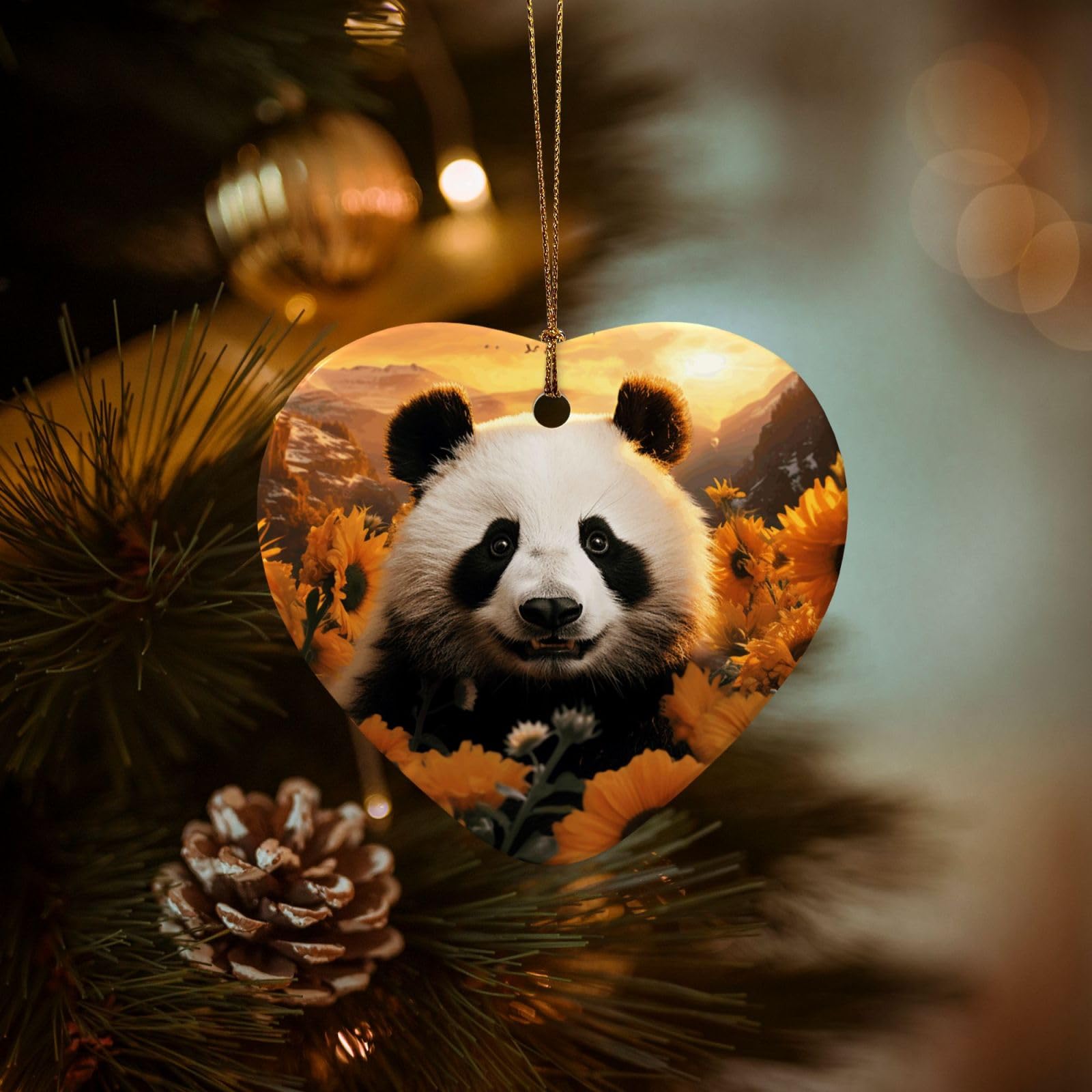 Christmas Ornaments for Christmas Tree Decoration Hanging Panda and Sunflower Ornament with Gold Ribbon Crafts Heart Shape Ceramic Pendant for Keepsake Gifts Xmas Decor Party Supplies