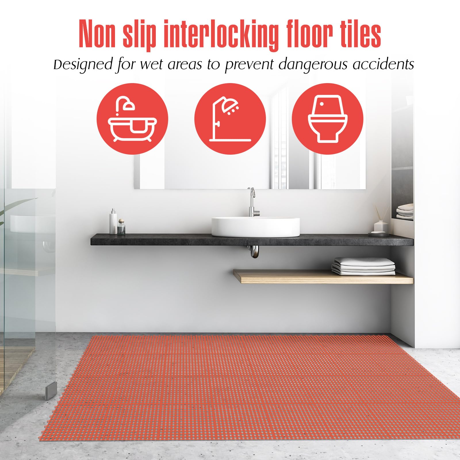 Tinideya 50 Pcs Drainage Mats 11.8'' x 11.8'' Modular Interlocking Floor Drainage Tiles Splicing Pool Floor Mat, Non Slip TPE Soft for Outdoor Deck Greenhouse Shower Bathroom Pool(Orange Red) — Amazon image 4