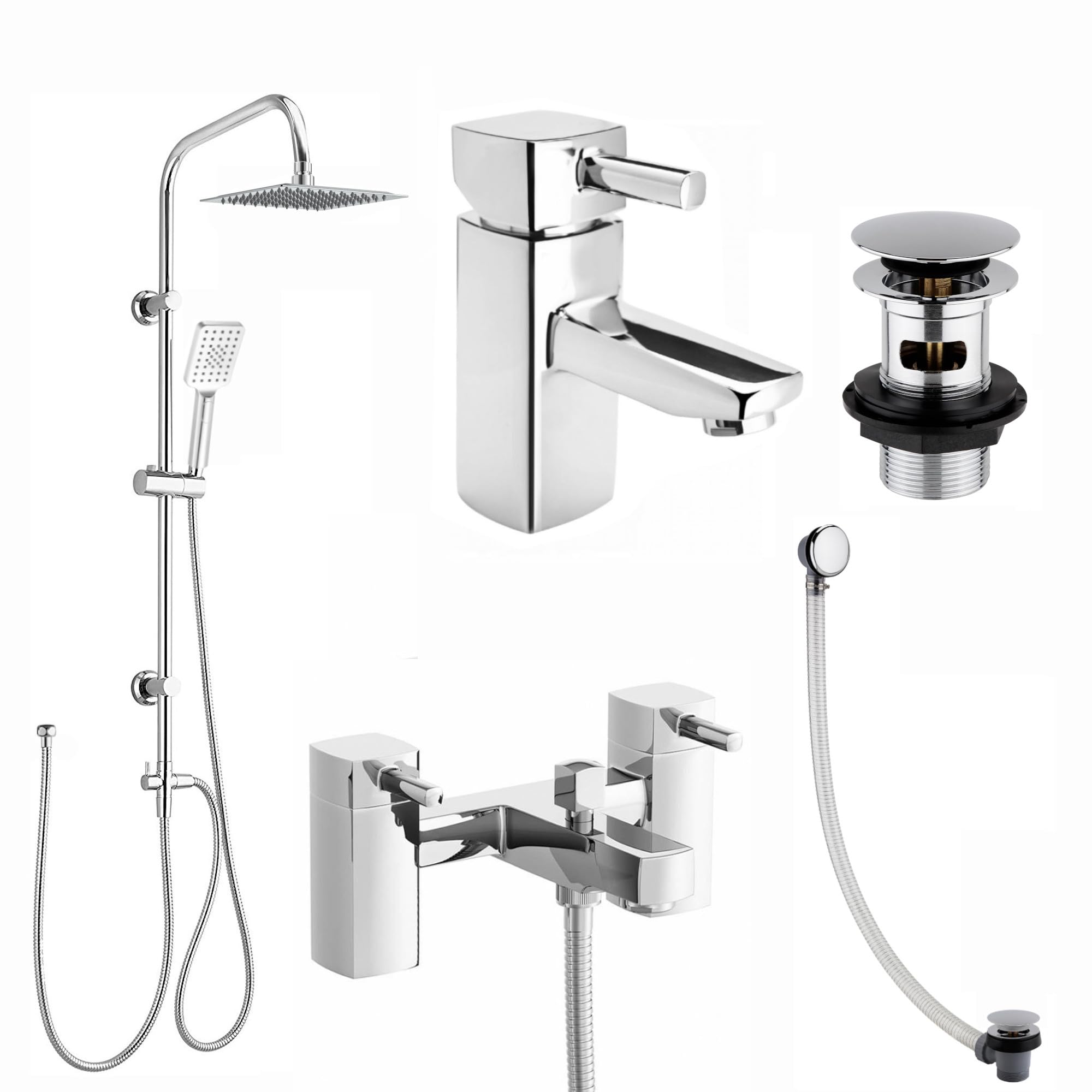 ENKI, Stella, BBT0281, Bathroom Tap Bundle incl. Bath Shower Mixer Tap with Dual Riser Rail, Basin Mixer, Bath and Basin Wastes, Chrome