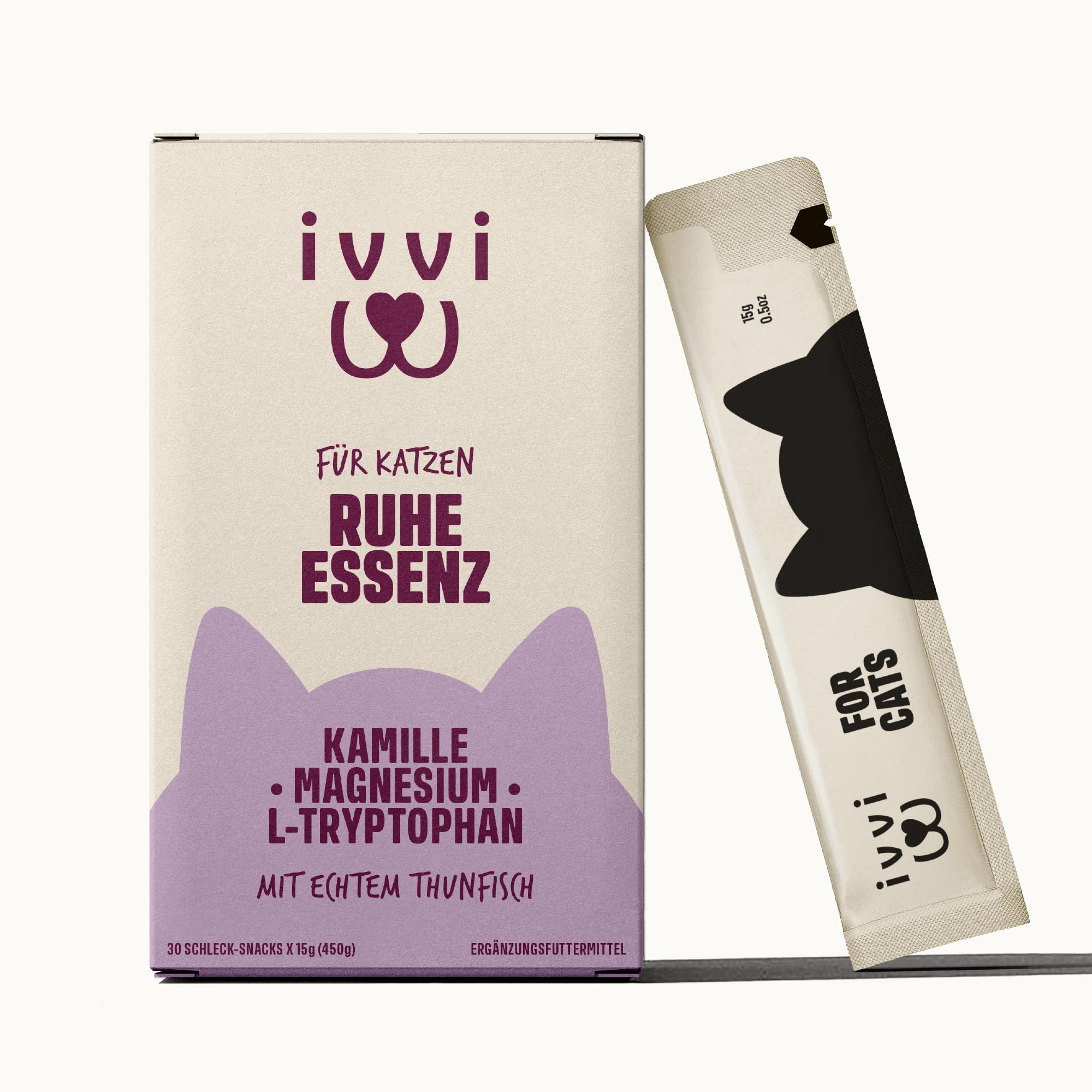 ivvi Ruhe Essenz für Katzen – Anti-Stress Schleck-Snacks mit Kamille, L-Tryptophan & Magnesium – Unterstützt Entspannung & Wohlbefinden – mit echtem Thunfisch – 30 Sticks x 15 g (450 g)