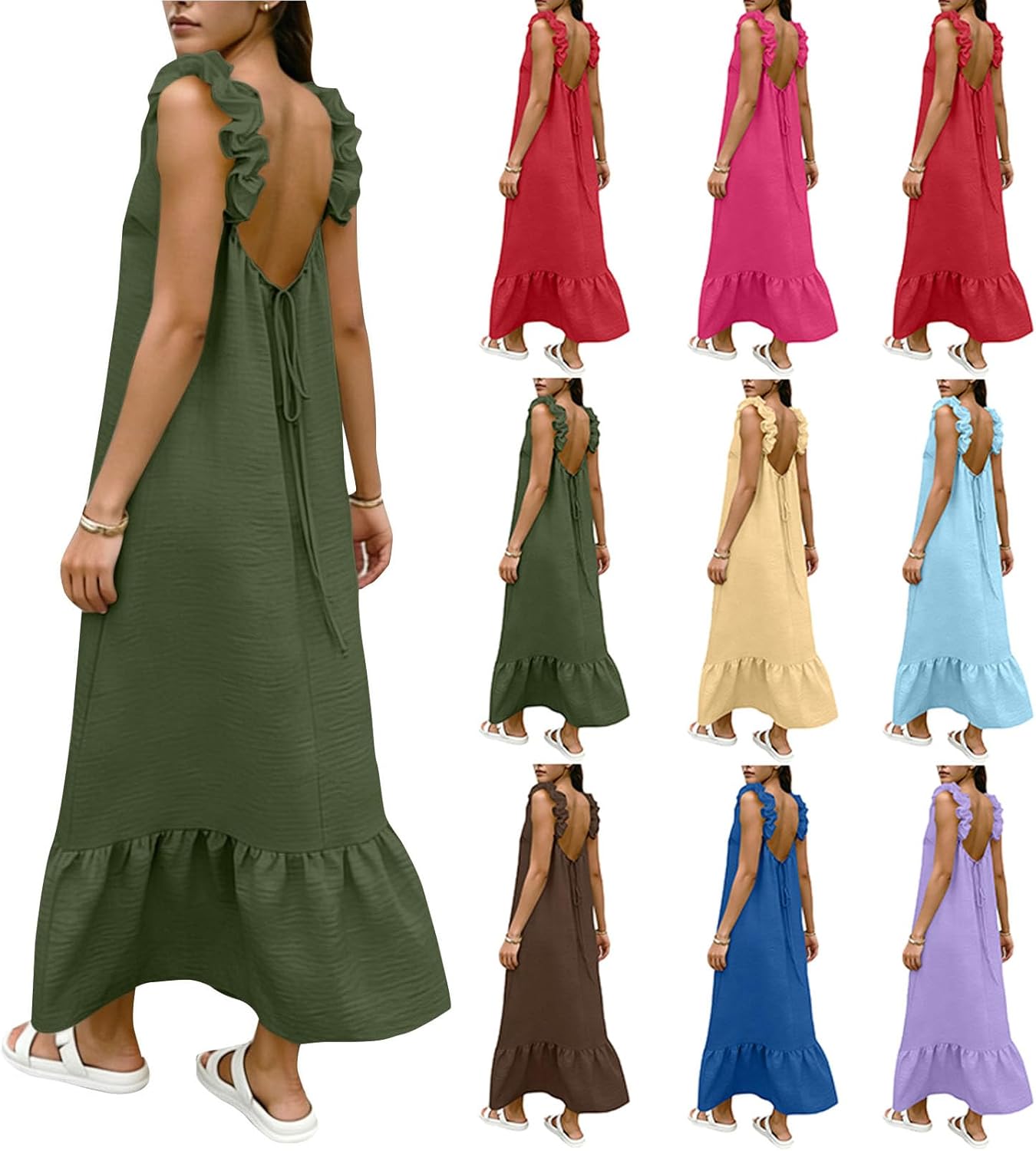 Backless Dress for Women Summer Maxi Casual Sleeveless Open Back Ruffle Hem Vacation Beach Long Dresses with Back Tie
