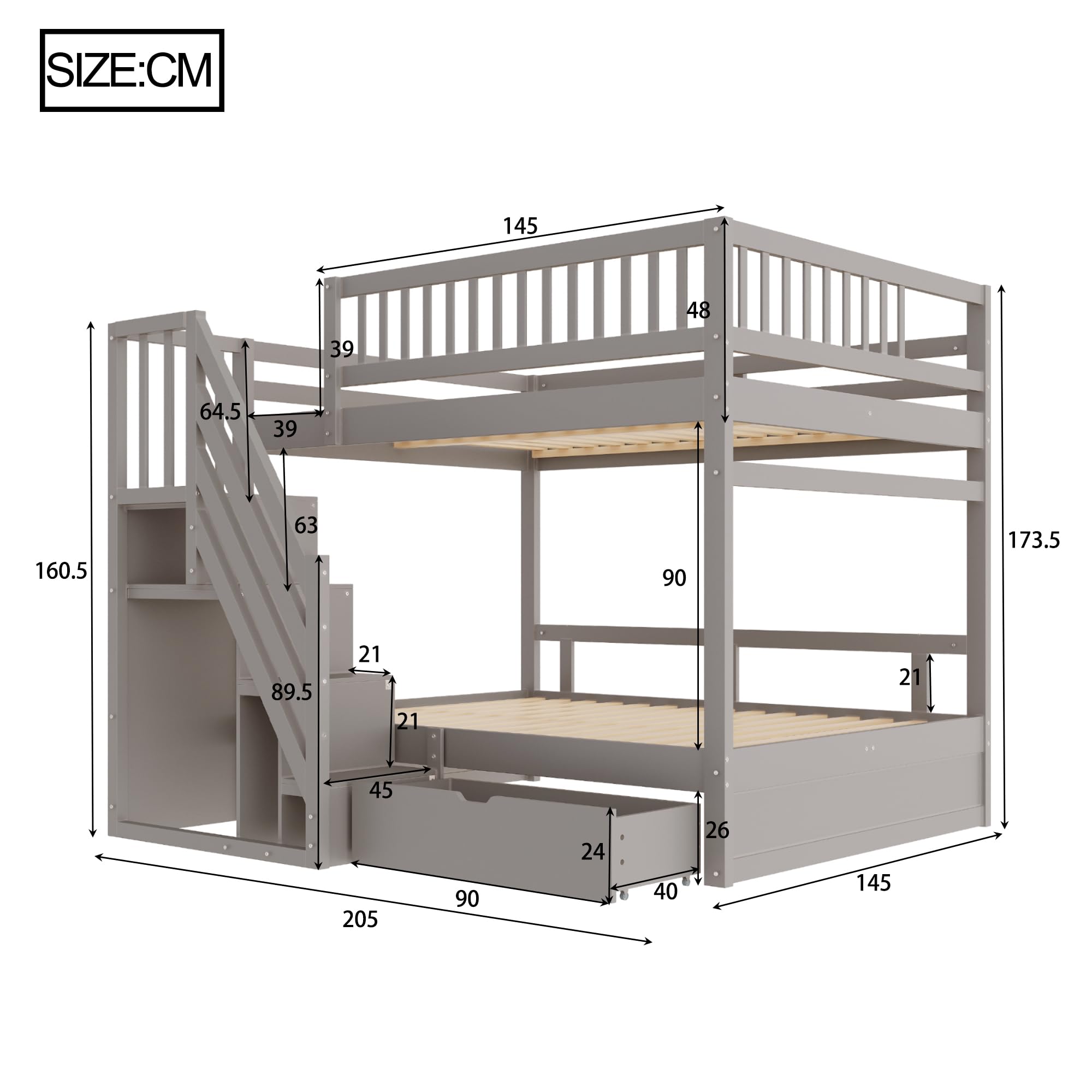 Kinderbett Etagenbett 140x200, Hochbett für 4 Kinder, Stockbett mit Treppe&Aufbewahrungsschrank&Schublade, Holzbett Jugenbett Funktionsbett mit Lattenrost&Rausfallschutz,Kiefernholz,Ohne Matratze,Grau