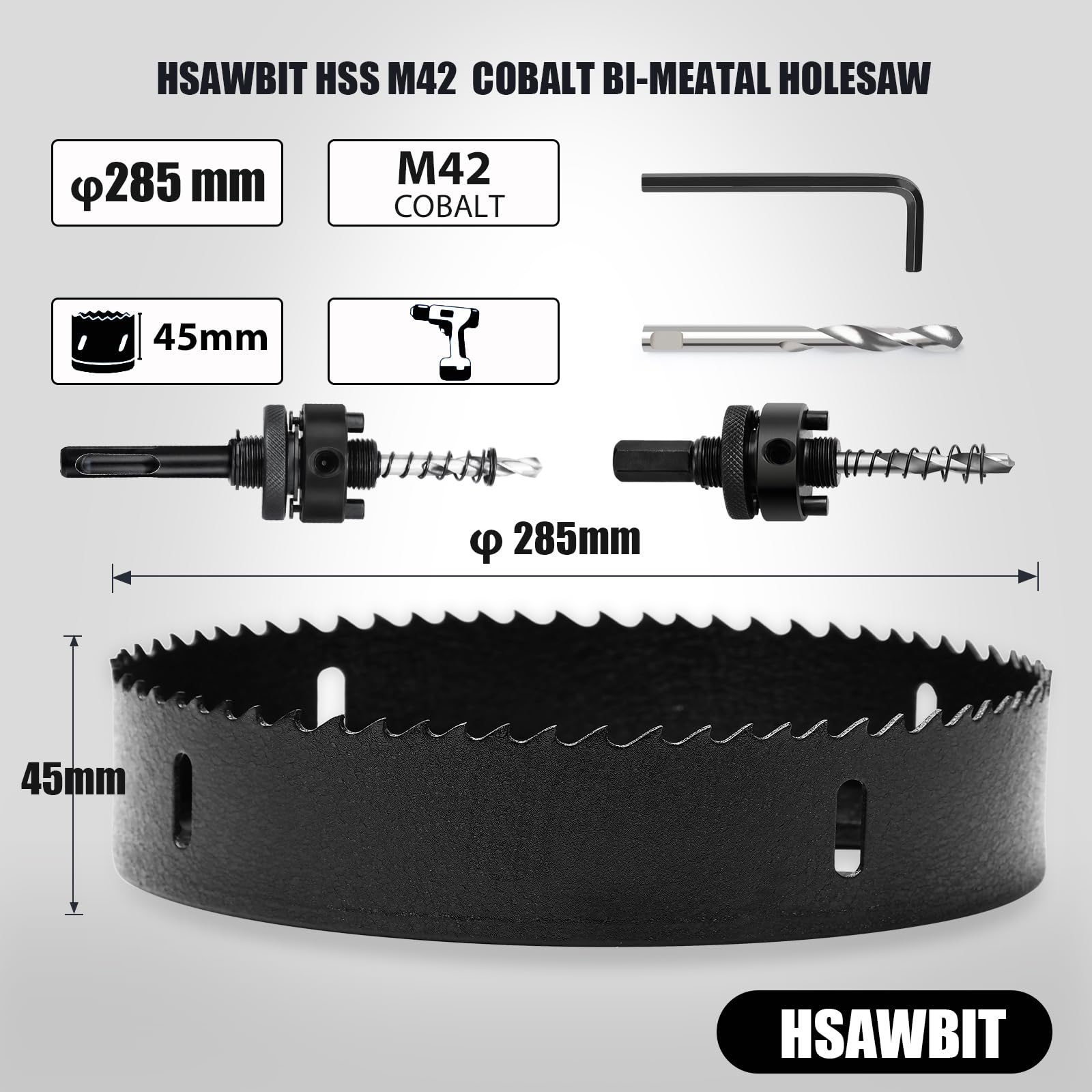 HSAWBIT HSS Bi-Metal 285mm Hole Saw, M42 Fast Cut Hole Cutter 40mm Cutting Depth with SDS Plus Shank - Image 3