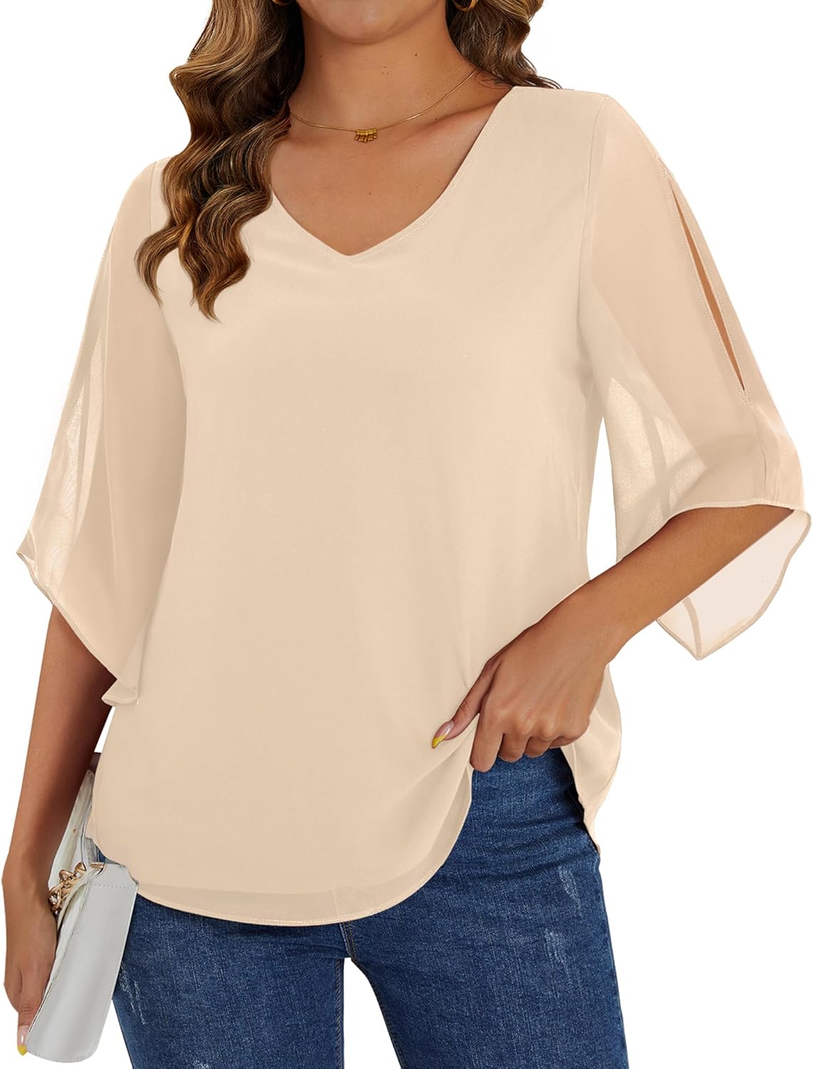 Neineiwu Womens 3/4 Ruffle Sleeve Tunic Tops V Neck Dressy Casual Chiffon Blouses for Women Summer Trendy Work Shirts