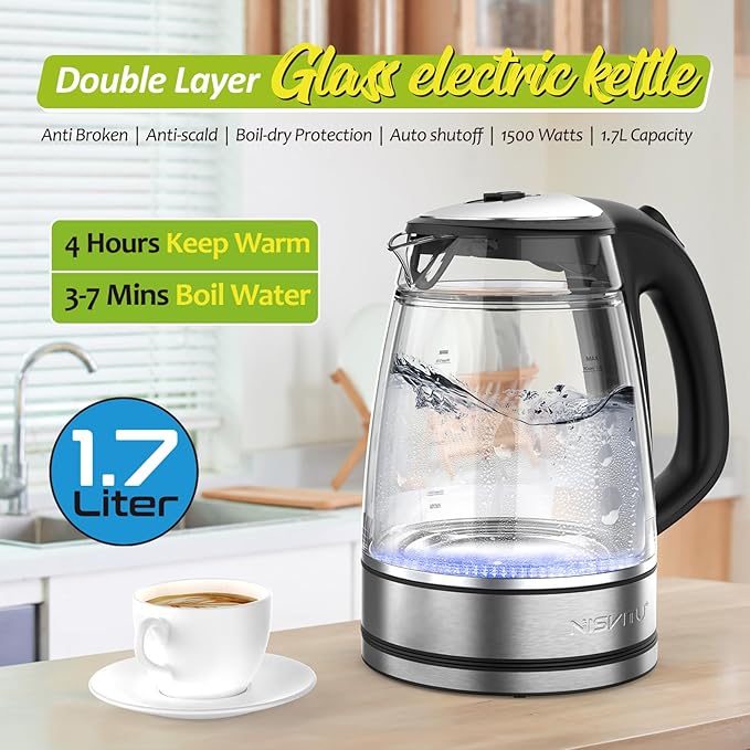 NISVITU Tetera Eléctrica 1.7L Doble Pared, Vidrio Borosilicato, 1500W, Negro miniatura 2