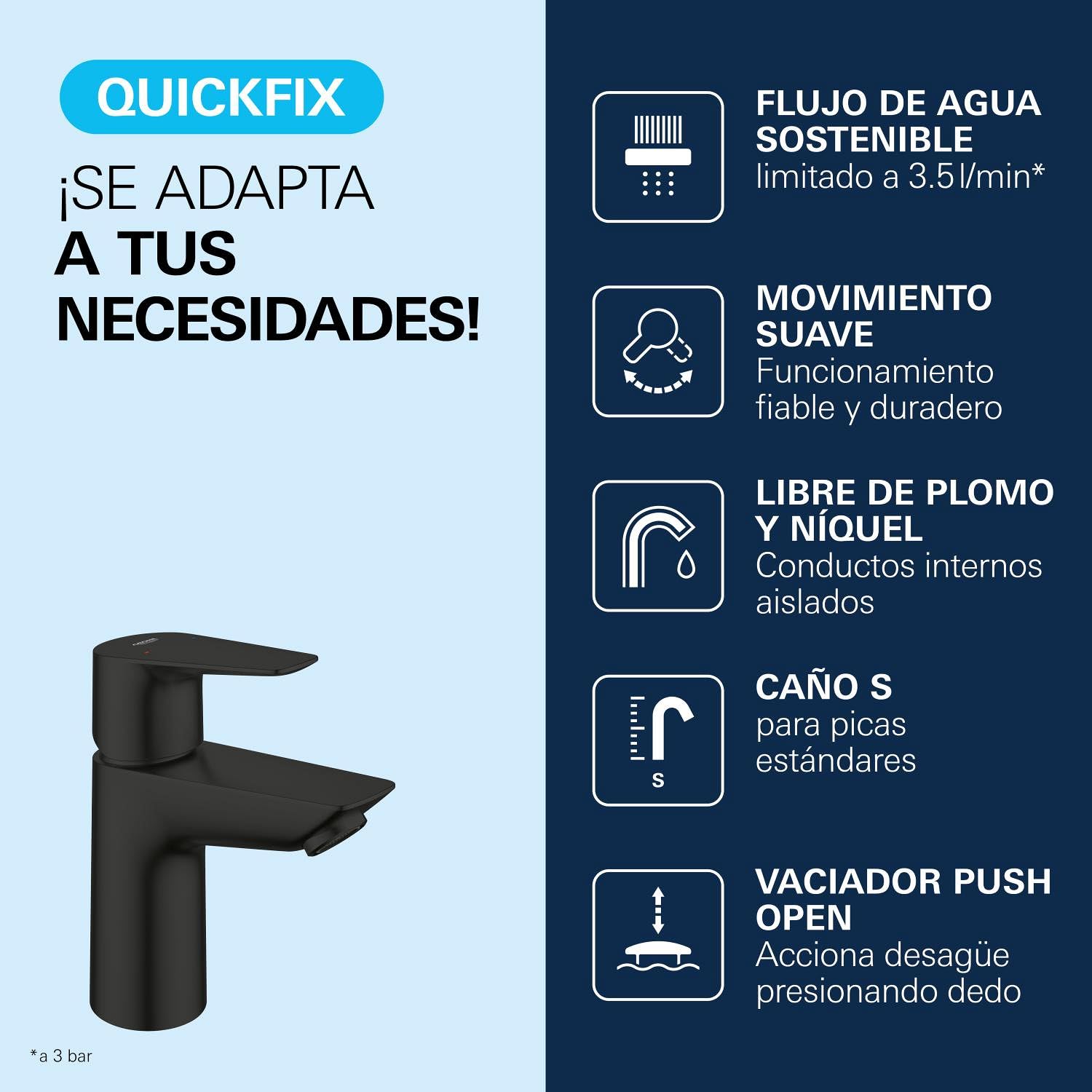 GROHE Start Edge QuickFix - Grifo lavabo cuerpo liso con desagüe Push-Open, Talla S, cartucho cerámico 28mm, bajo caudal para ahorro extra, latiguillos 3/8", herramienta, Negro Mate, 238982431