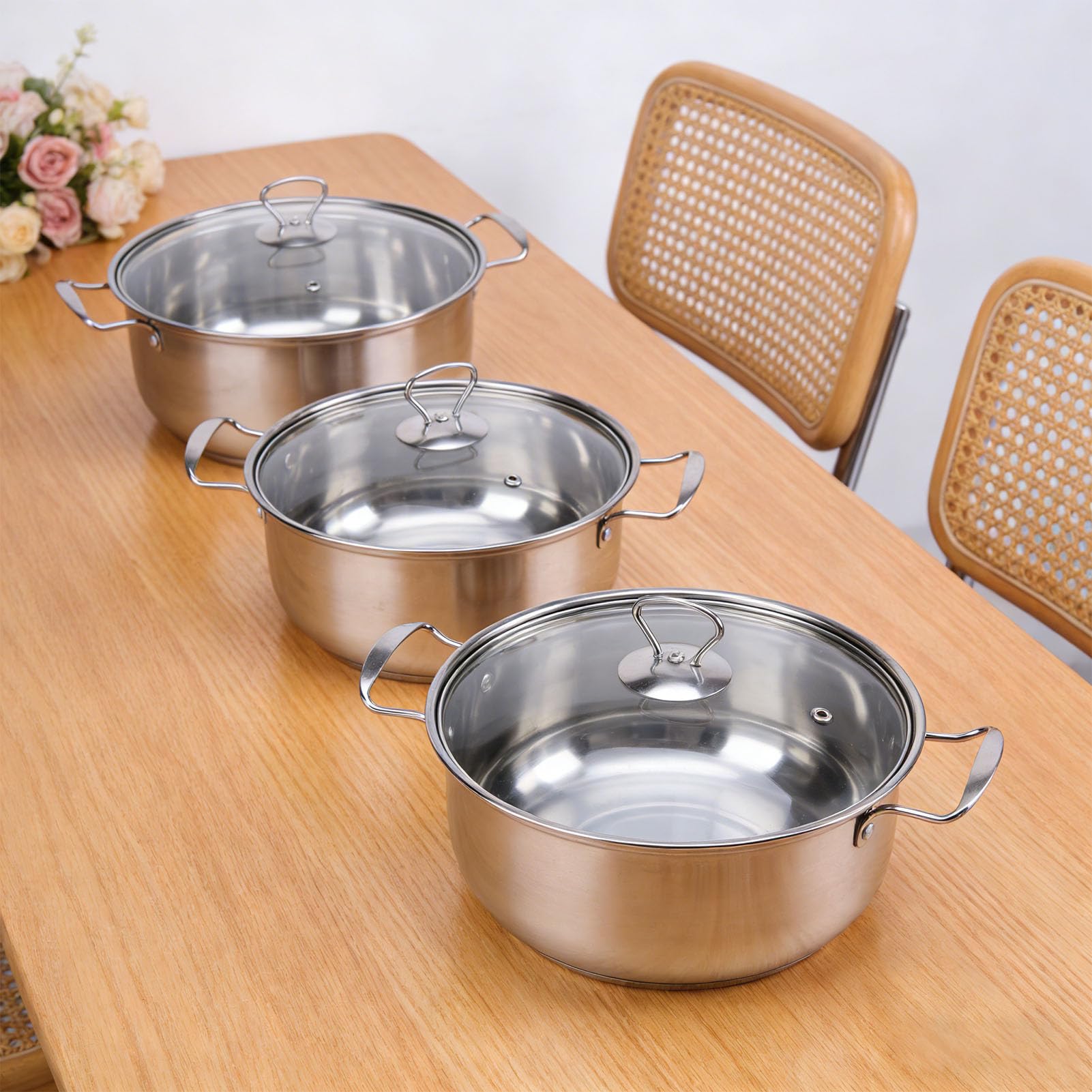 SIXRUN Edelstahl Kochgeschirr-Set mit Glasdeckeln, 18 cm–26 cm Töpfe für Familienküche, 5-teiliges SUS-Edelstahl-Kochset für vielseitiges Kochen, spülmaschinenfest, hitzebeständig