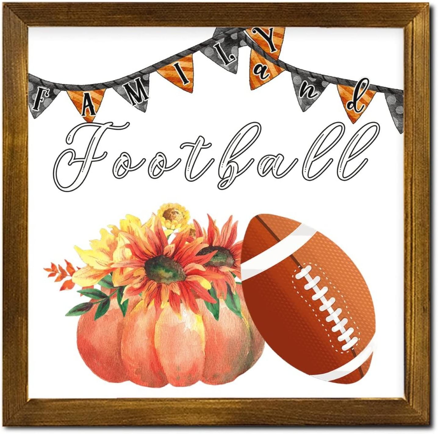 Family and Football Framed Wood Sign Autumn Pumpkin Sunflower Porch Sign Classic Farm Harvest Wall Art Decor for Home Bedroom Living Room Bathroom 12x12 inch