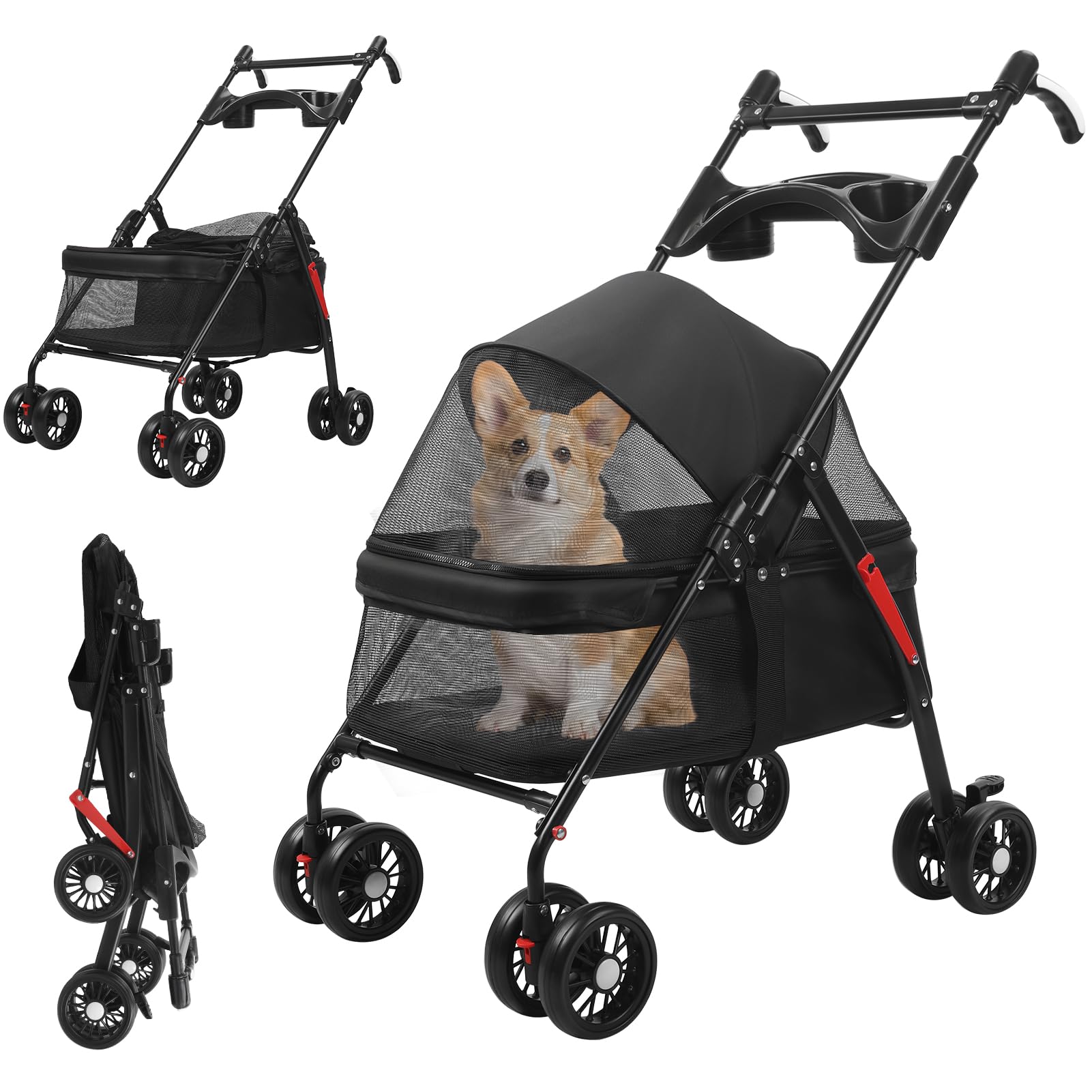 Pet Stroller for Dogs & Cats, Dog Pram, 4 Wheels Outdoor Travel Pet Folding Stroller, Visible Mesh, with Cup Holder, Rear Wheel Dual Brake, Breathable for Medium Small Dog (Black, B)