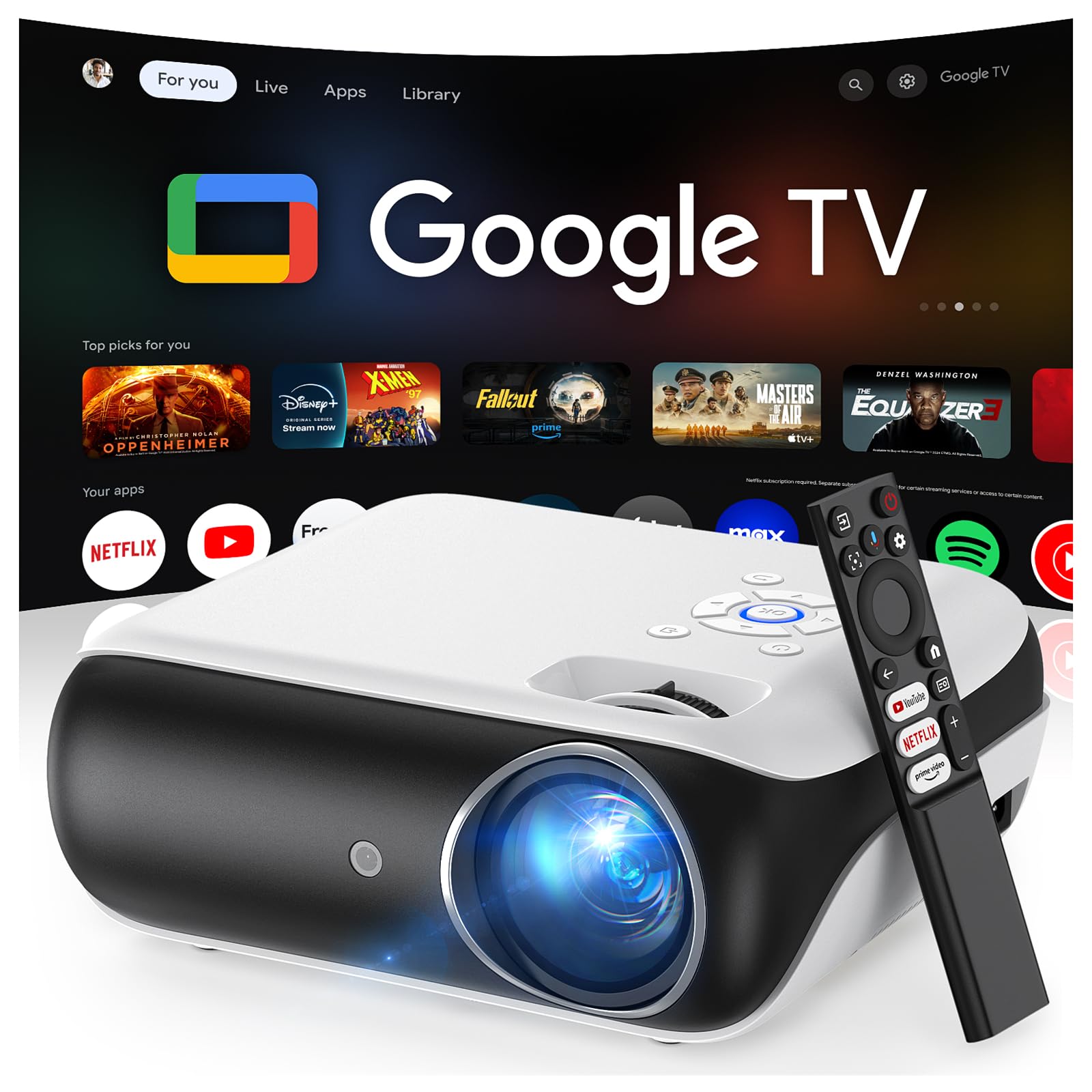 【Google TV/Assistente Vocale/Dolby】Proiettore 4K, HAPPRUN 1000 ANSI 1080P Full HD Smart Videoproiettore con Netflix/Disney+ Ufficiale, WiFi6 e Bluetooth 5.2 per Home Cinema Esterno