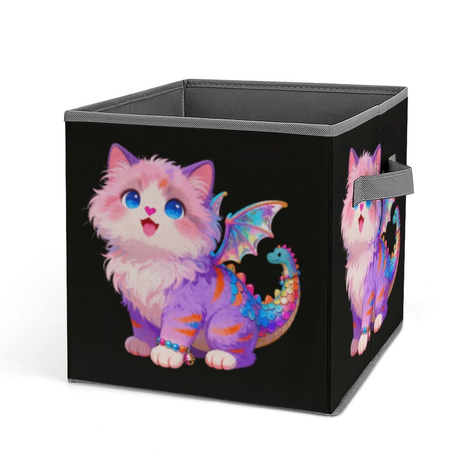 Dragon Cat Storage Baskets Collapsible, Exquisite Pattern Cube Box, Canvas Fabric Storage Bins with Handles, Clothe Organizer Box for Home Decorative Office Bedroom