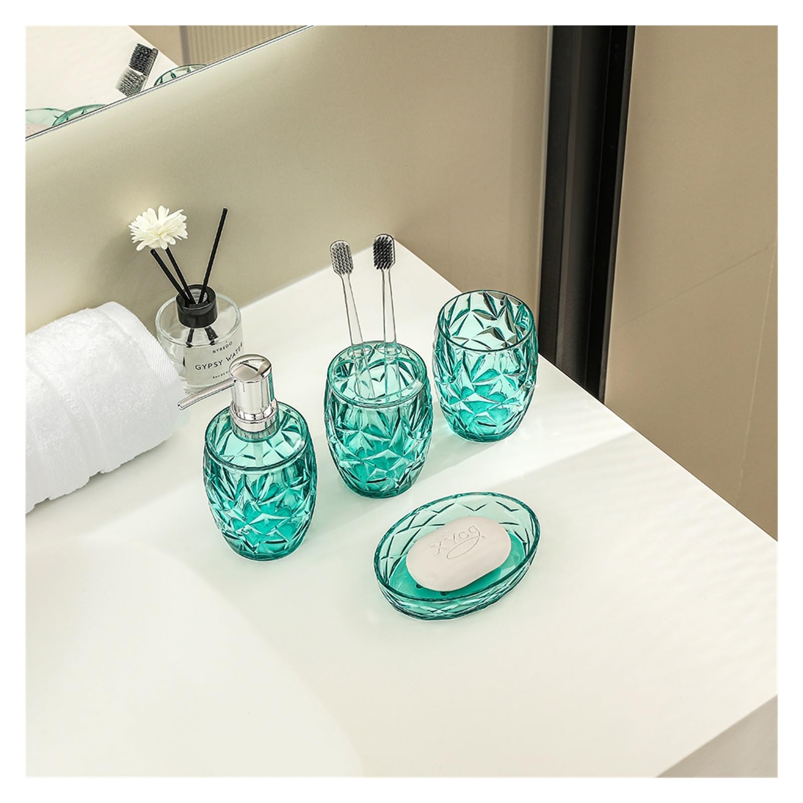 Set de Accesorios de Baño Juego de Accesorios de baño Transparente con dispensador de jabón, Soporte for Cepillo de Dientes, Taza y jabonera for encimeras de baño(Blue)