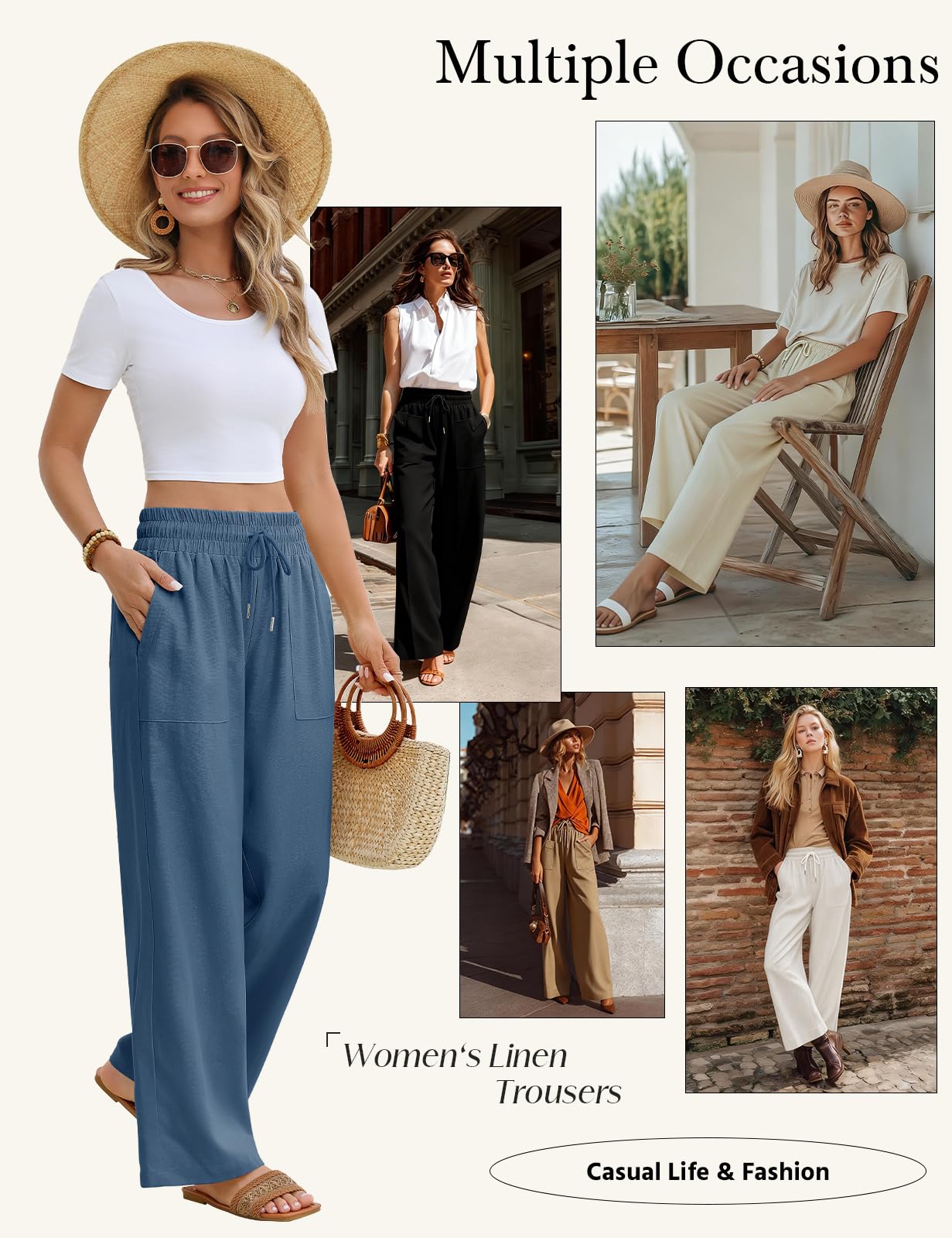 Pantaloni Lino Donna Estivi Pantaloni Larghi Leggeri Comodi Vita Alta Pantaloni Solido Sciolto Gamba Larga con Tasche