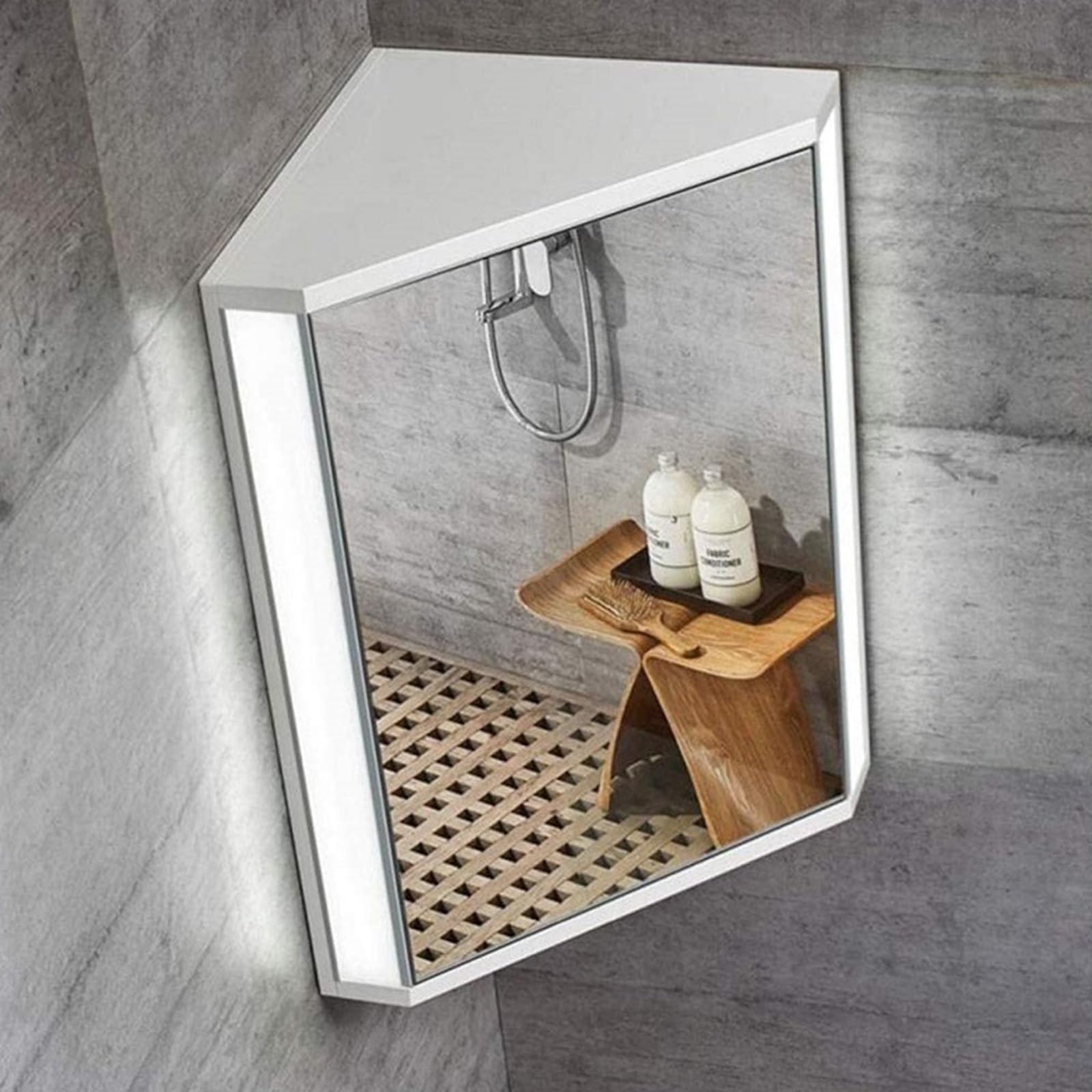 Armario Esquinero de Baño Blanco con Espejo e Iluminación LED Gabinete Triangular Montado en la Pared Almacenamiento Ahorra-Espacio con Estantes