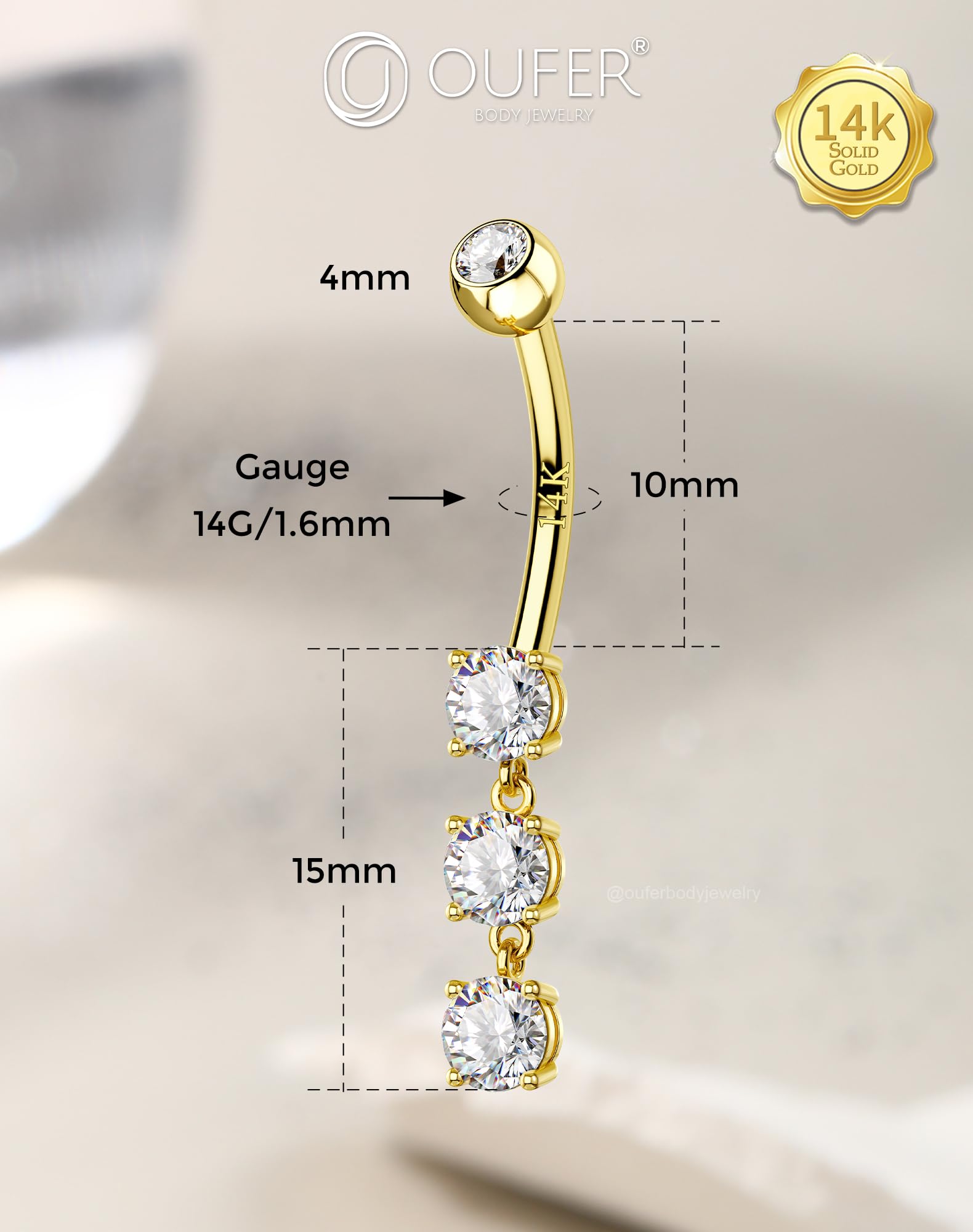 OUFER Body Piercing Belly Bars 14G Navel Piercing Jewellery Dangle Belly Button Bars Navel Bar Clear CZ Belly Button Ring Gold Externally Belly Piercings