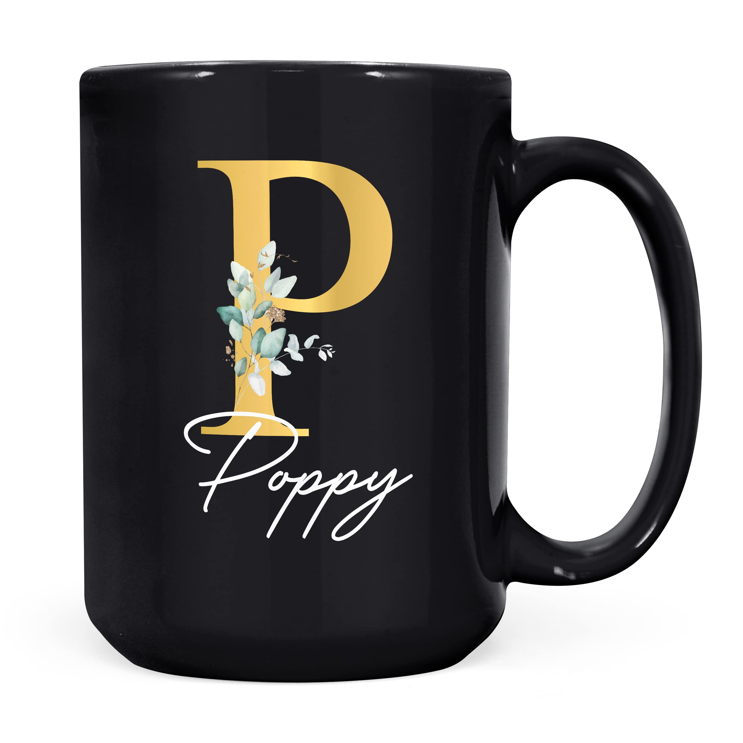 Personalised Letter P Floral Mug Initial with Name, Customised Gift, Gold Effect Printed Letter, NOT Metallic - Ceramic Coffee Cup for Men or Women, Extra Large and Giant Mug, 15oz Black Cup