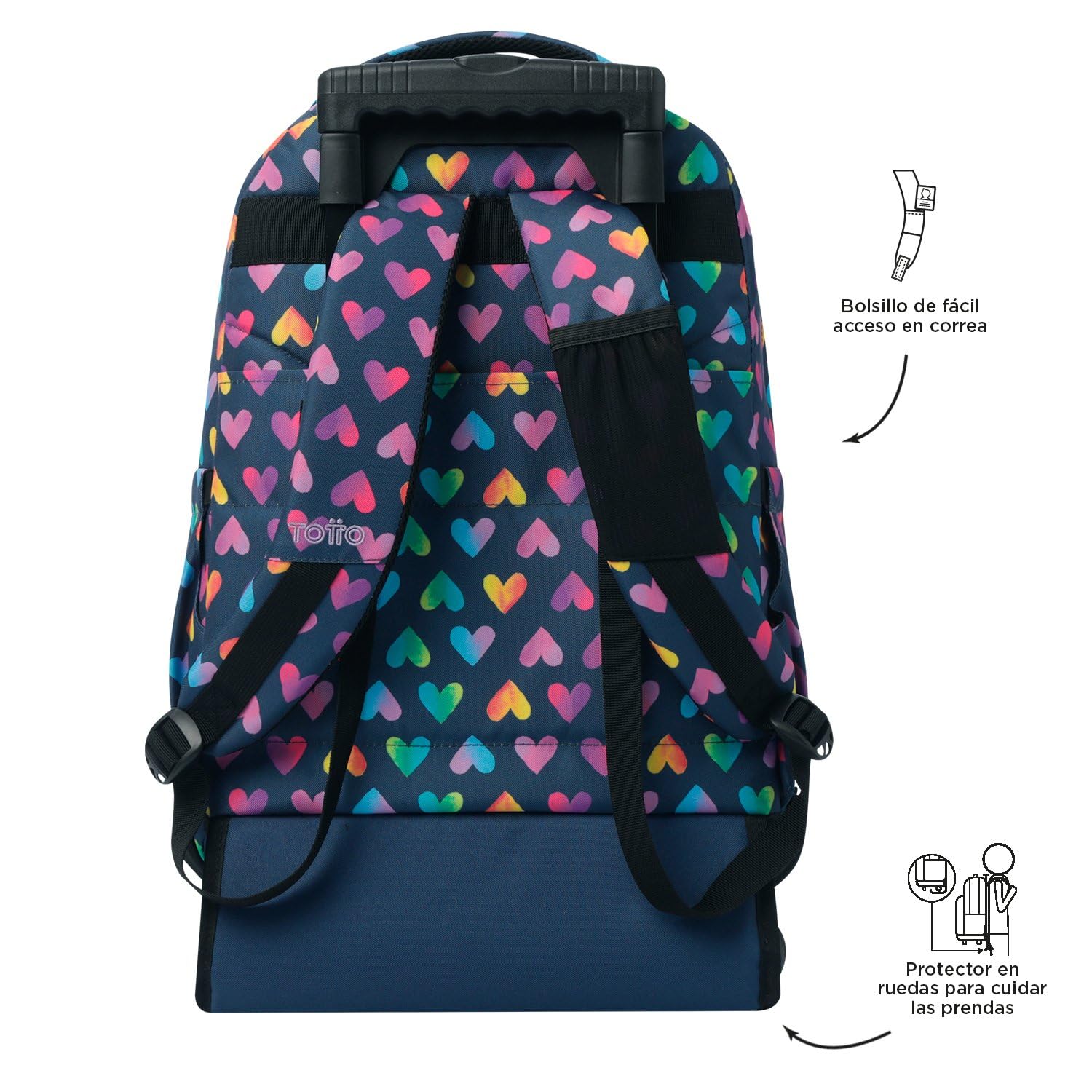 TOTTO - Mochila Escolar con Ruedas, Modelo Renglones, Capacidad 26,21 Litros, Bolsillo para PC 14", Bolsillo Botella, Correas en S para Mayor Comodidad, Resistente, Estampado Latty