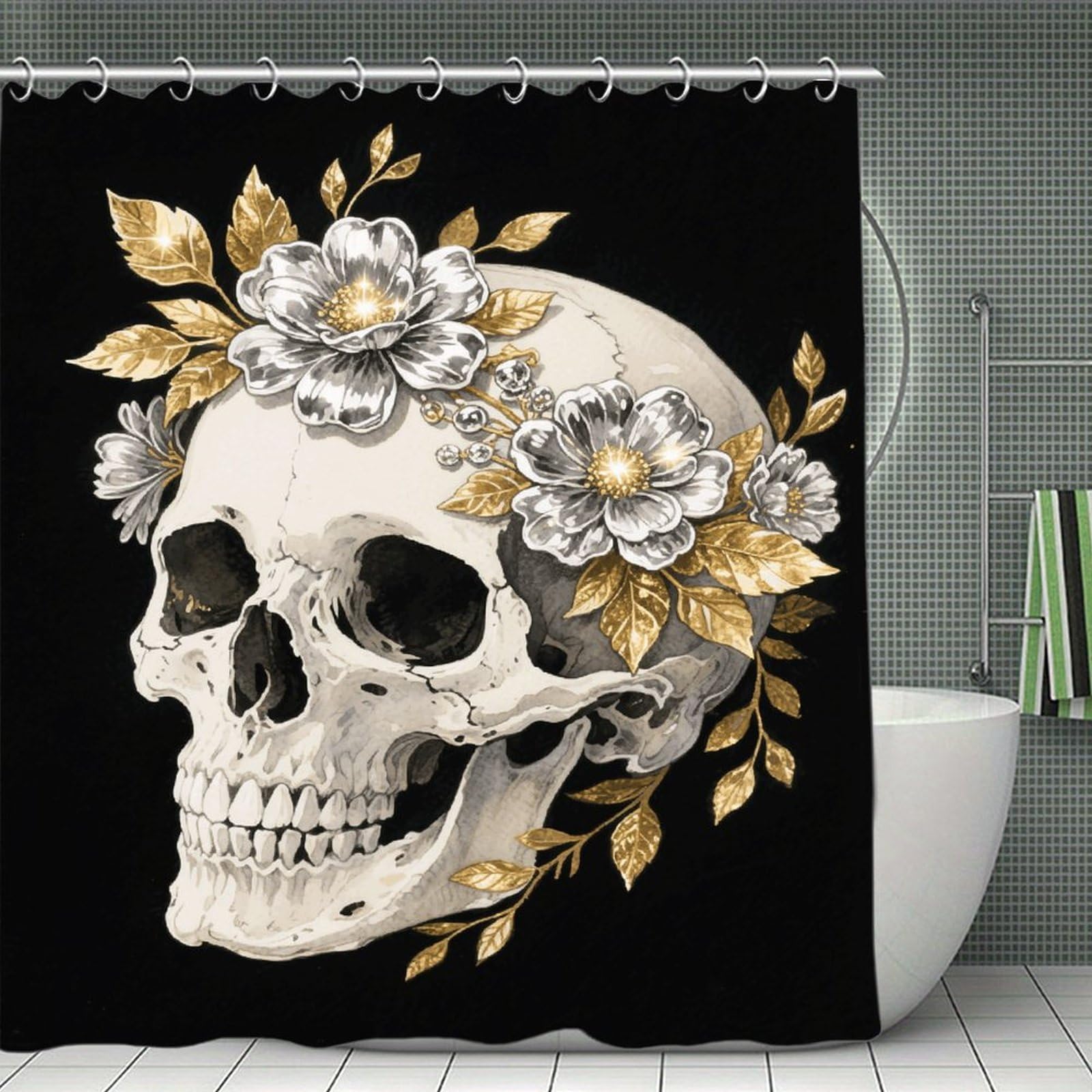 VstaDank Flower Skull Bath Curtain Elegant Heavy Duty Shower Curtains 70x70 in Rustic Farmhouse Cloth Shower Curtains Neutral Modern Bath Curtain for Bathroom