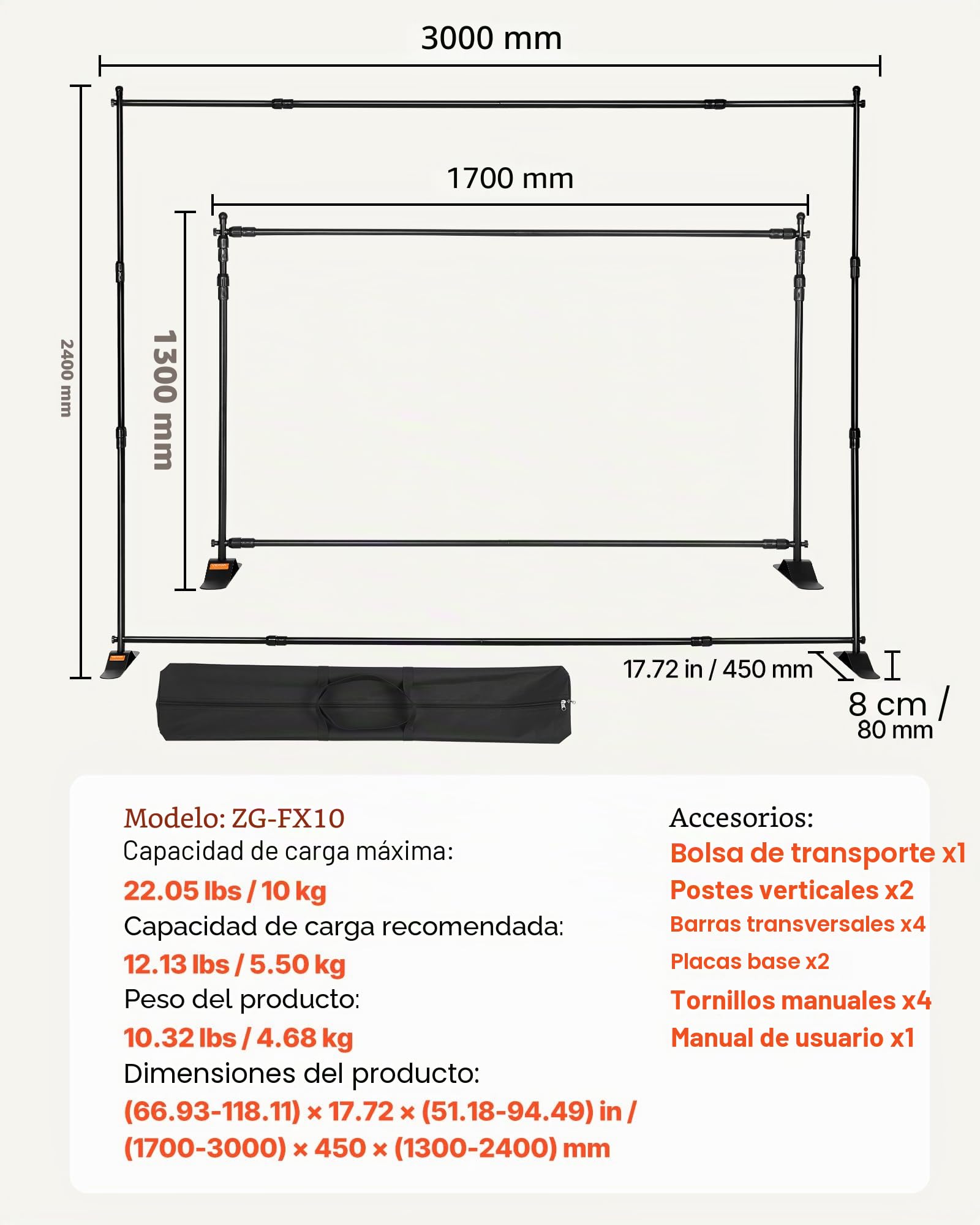 VEVOR Soporte para Fondos de Fotografía 3 m x 2.4 m, Anchura Ajustable 66 "- 120" Soporte de Banner para Telón de Fondo Altura 37"- 96" Negro para Feria Comercial Telescópico Expositor
