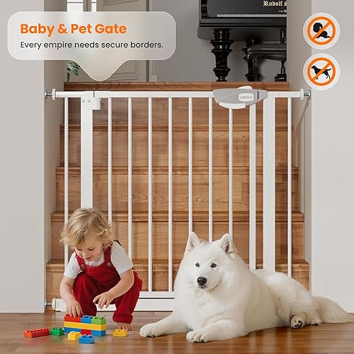Miniatura 8 de Puerta de bebé de cierre automático para escaleras y puertas, puerta de seguridad de acero ajustable con doble cerradura, se adapta a 29-33 pulgadas