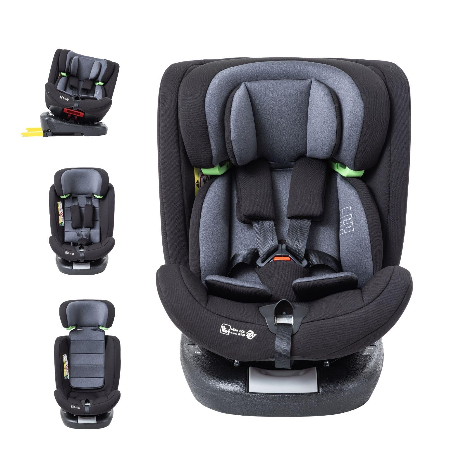 Siège Auto Enfant i-Size Pivotant 360° avec ISOFIX et Top Tether, Testé ADAC, pour Nourrisson et Enfant de 0 à 12 Ans (40-150 cm), Housse Lavable, Groupe 0/1/2/3, Gris