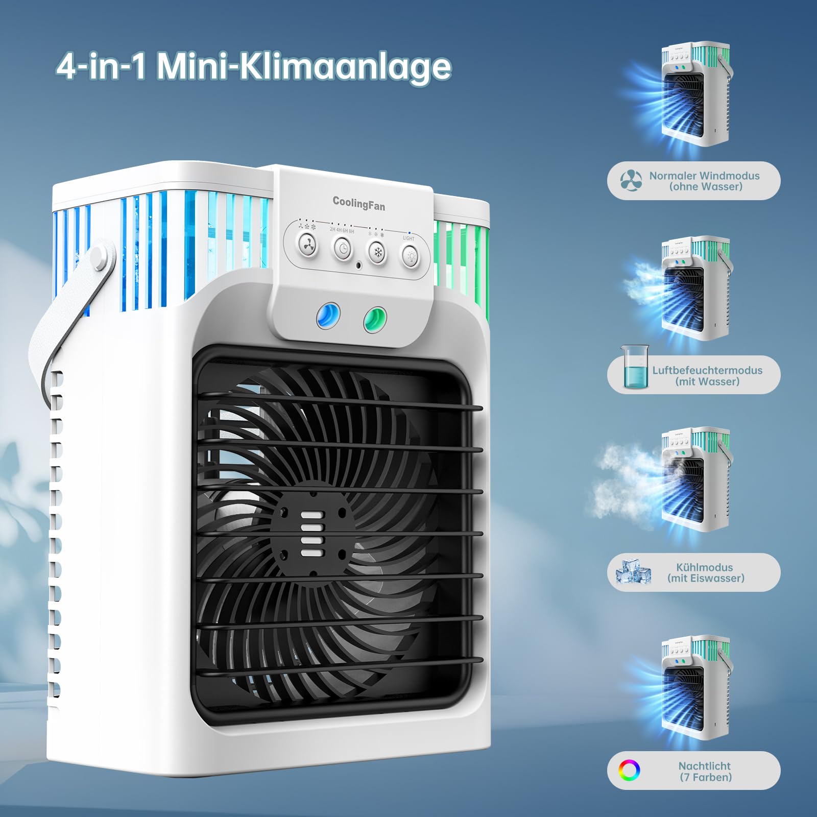Klimaanlage Mobil, 4-in-1-Mobile Klimageräte mit Fernbedienung/3 Geschwindigkeiten/3 Nebelmodi/1200-ml-Wassertank/2-8-Stunden-Timer/Nachtlicht, Klimaanlage ohne Abluftschlauch für Zimmer Büro Camping