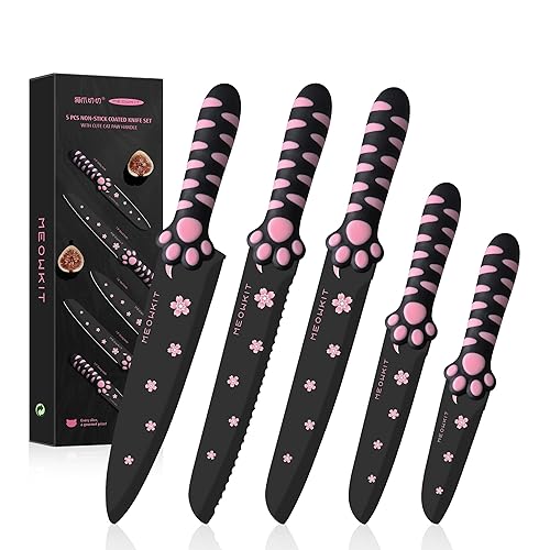 MEOWKIT Cute Kitchen Knife Set, Dishwasher Safe, 5 pieces Non-Stick Knives,Sharp for Chopping, Slicing, Dicing and Cutting, Cat Paw Handle