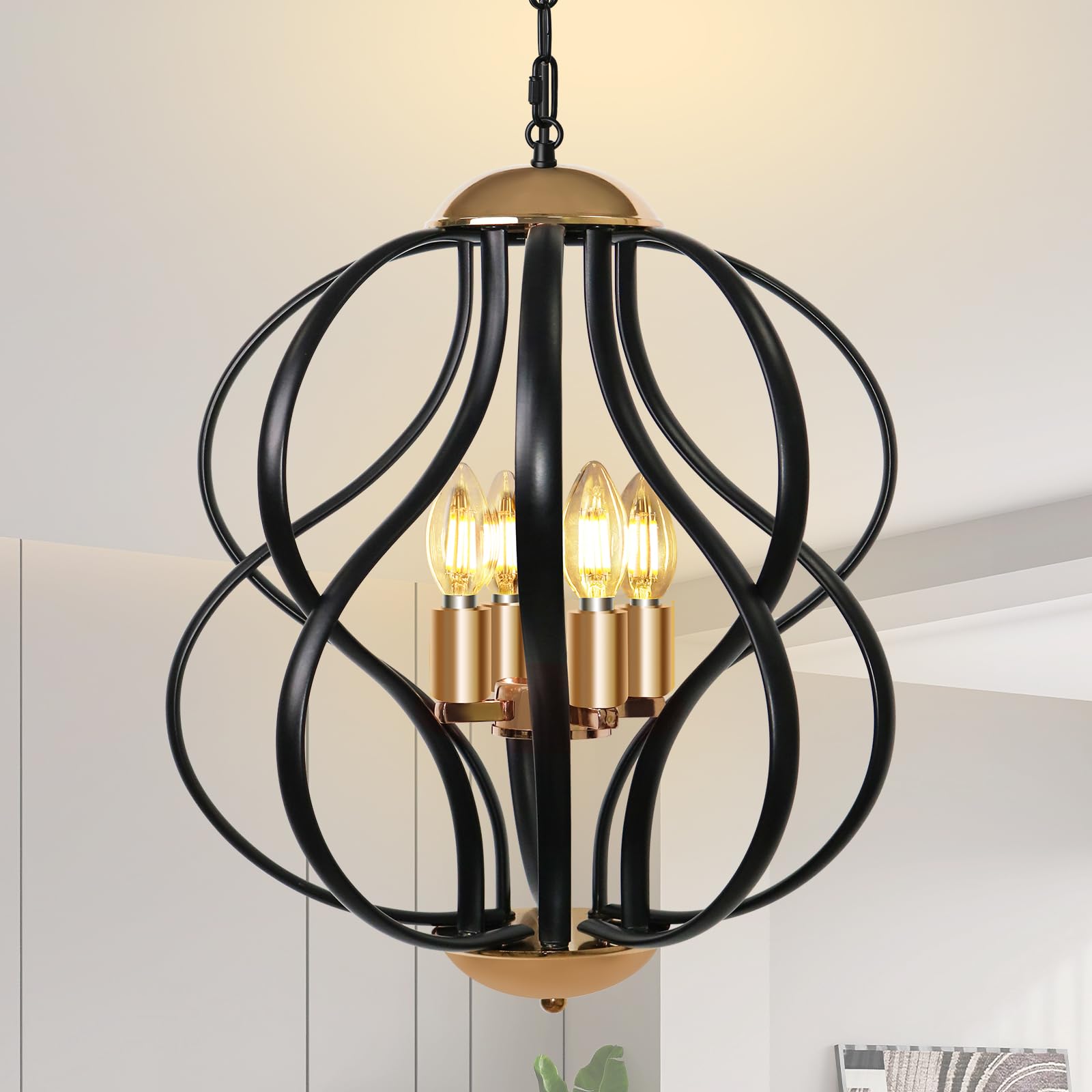 blusun Black and Gold Chandelier for Dining Room, 4-Light Modern Farmhouse Chandelier Light Fixture, Adjustable Industrial Pendant Lights Kitchen