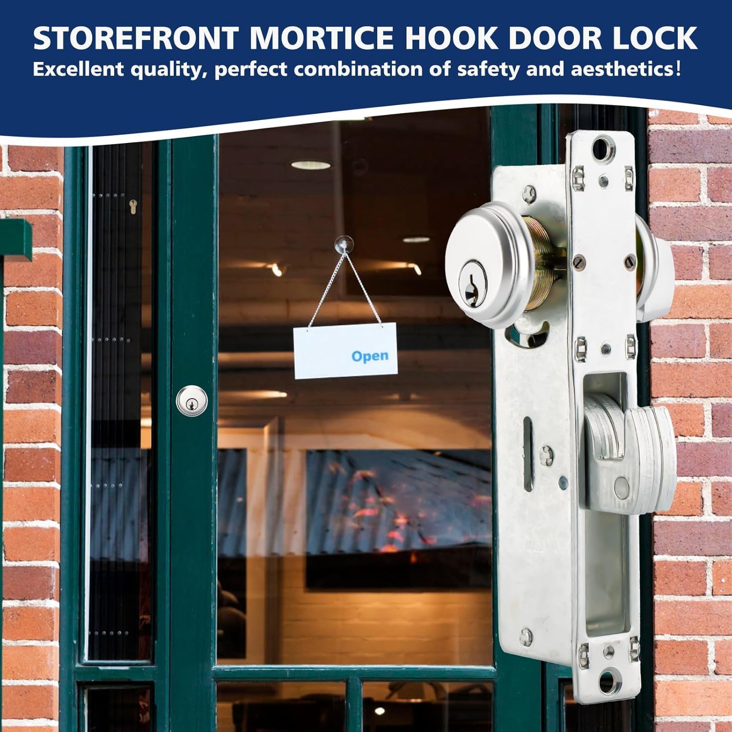 Storefront Door Mortise Lock,Commercial Hook Door Lock,Double Keyed Cylinder Combo, in Aluminum 1-1/8" Backset (Hook Lock Tongue)