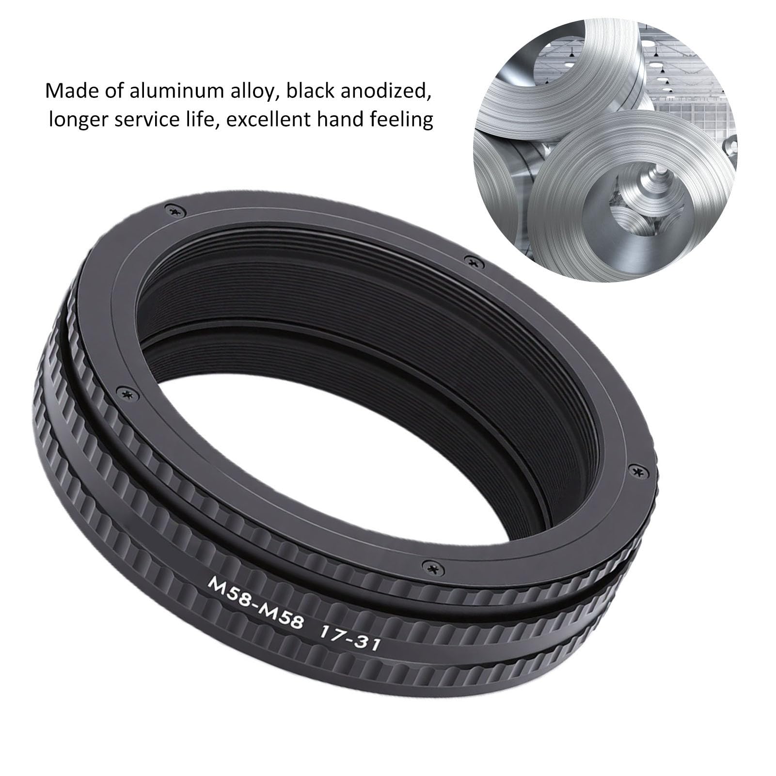 Denash Adaptador de Enfoque Helicoidal, Tubo de Extensión Macro Ajustable M58 de 17 Mm a 31 Mm con Interfaz de Rosca Universal, para Modificación de Lentes y Fotografía Macro.