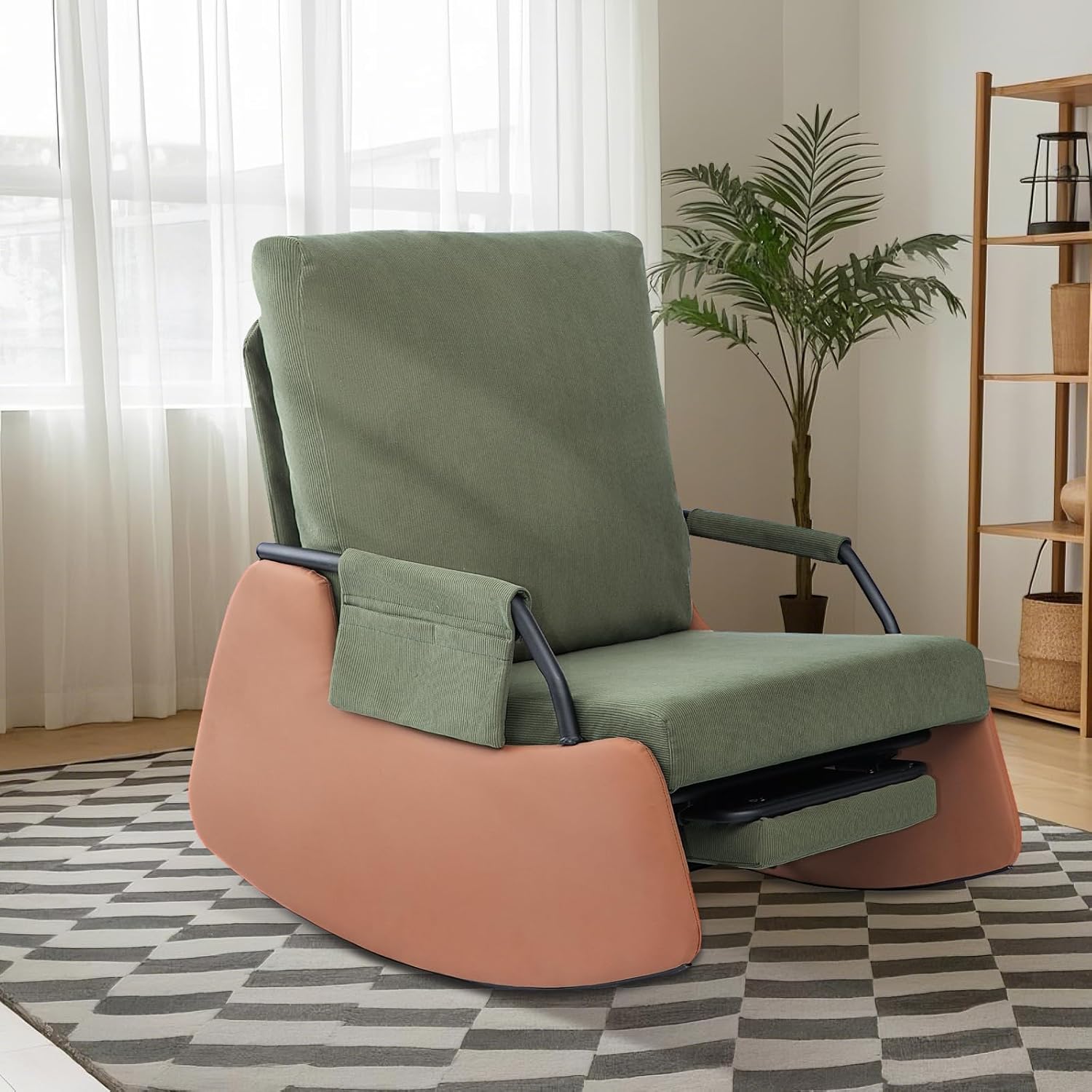 Rocking Chair for Nursery with Adjustable Backrest & Footrest, Modern Upholstered Plush Seating Glider Recliner Chair with High Backrest and Side Pocket, Glider Rocking Chair Green