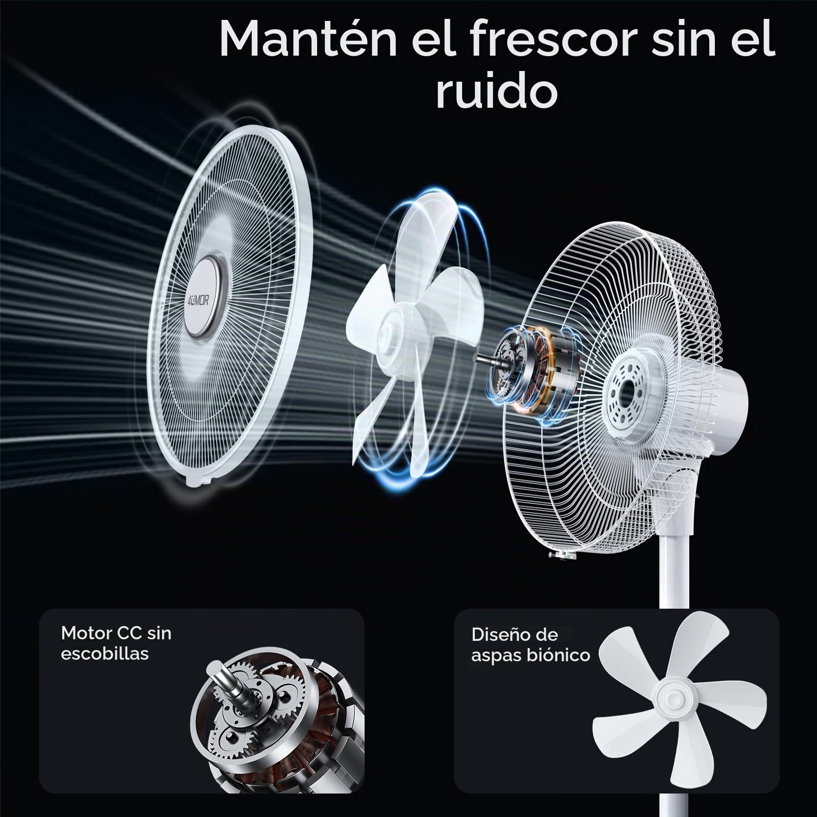 4UMOR Ventilador de Pie Silencioso 20dB con Control Remoto, Ventilador Motor DC para Mesa, 9 Velocidades, 4 Modos, 24W con Temporizador