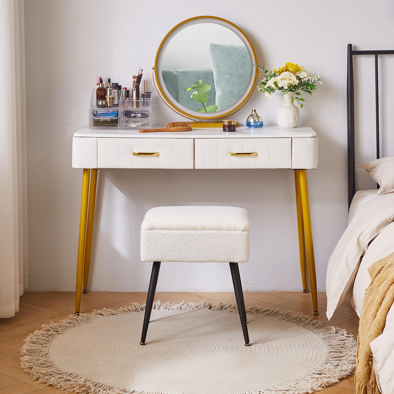 Aibiju Tabouret de Coiffeuse, Tabouret de Coiffeuse Rectangulaire avec Rangement, Siège de Coiffeuse, Petite Table d'appoint pour Salle de Maquillage, Chambre à Coucher, Blanc YD-SMS137W
