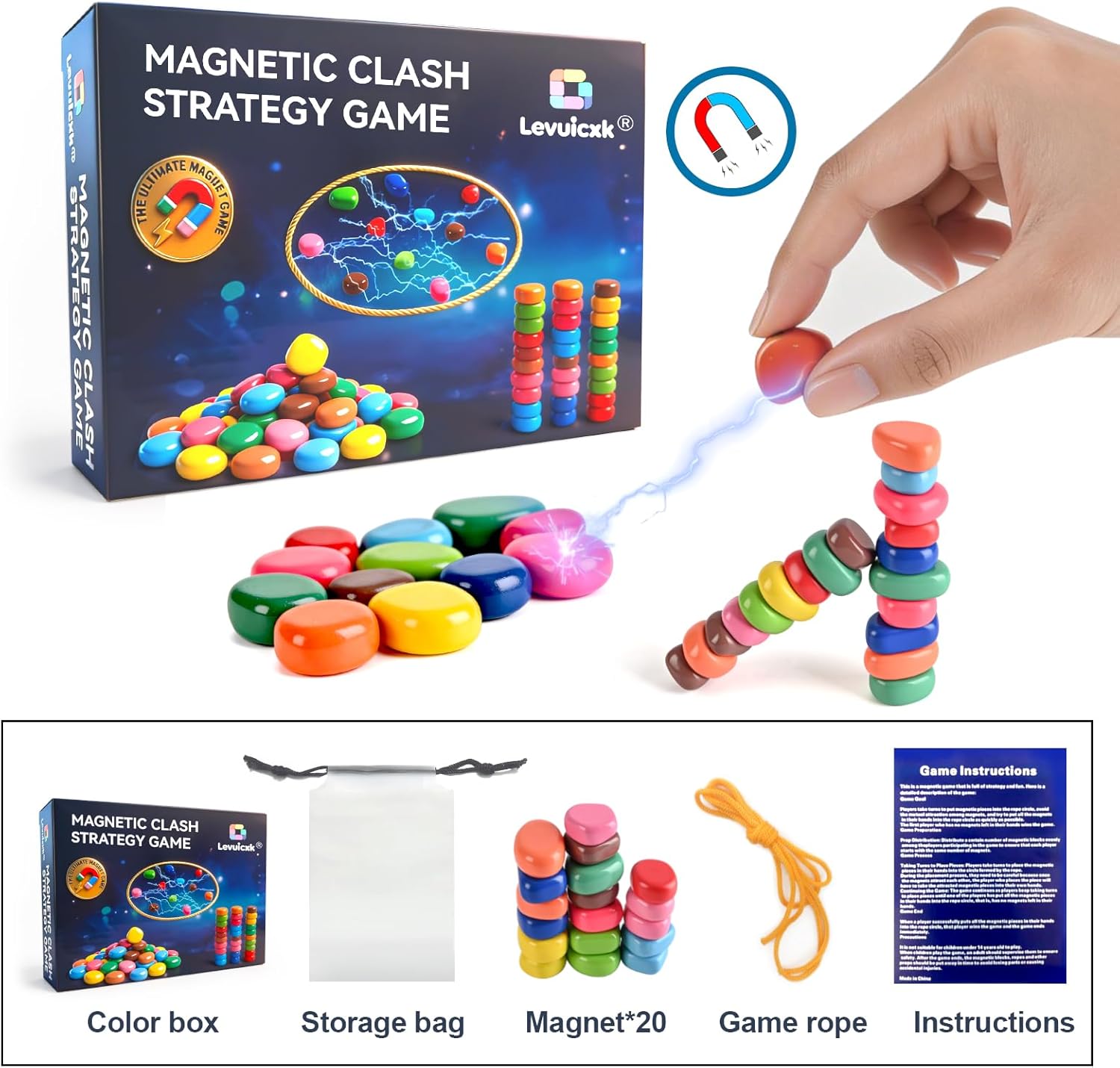 Magnet Game with String, Magnetic Chess Game with Stones – 20 Magnetic Stones Game, Strategy Party Travel Game for Adults