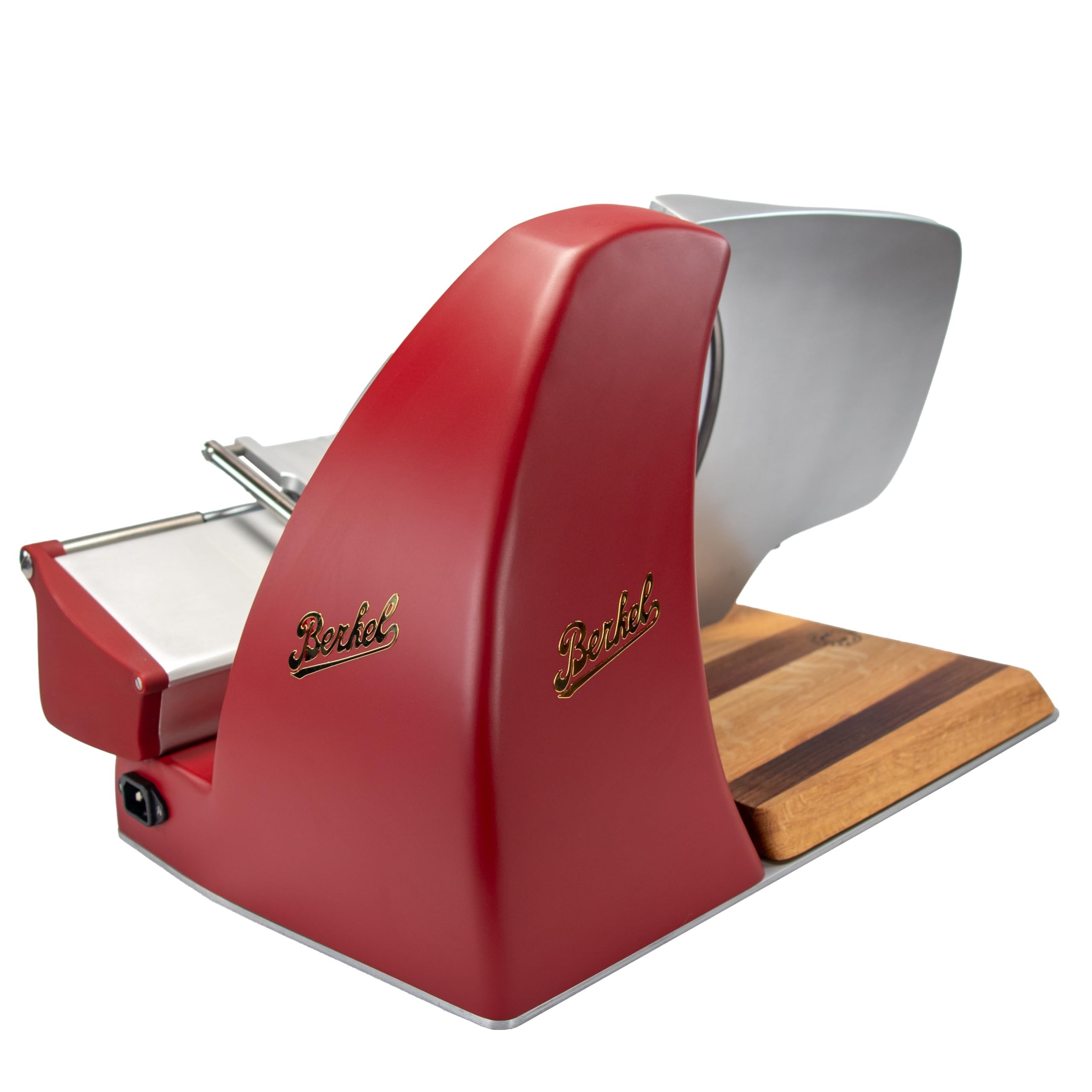 Berkel Home Line 250 Plus Trancheuse à charcuterie, électrique et compacte, rouge mat, idéale pour le prosciutto, les légumes et le fromage, avec planche en bois de qualité supérieure