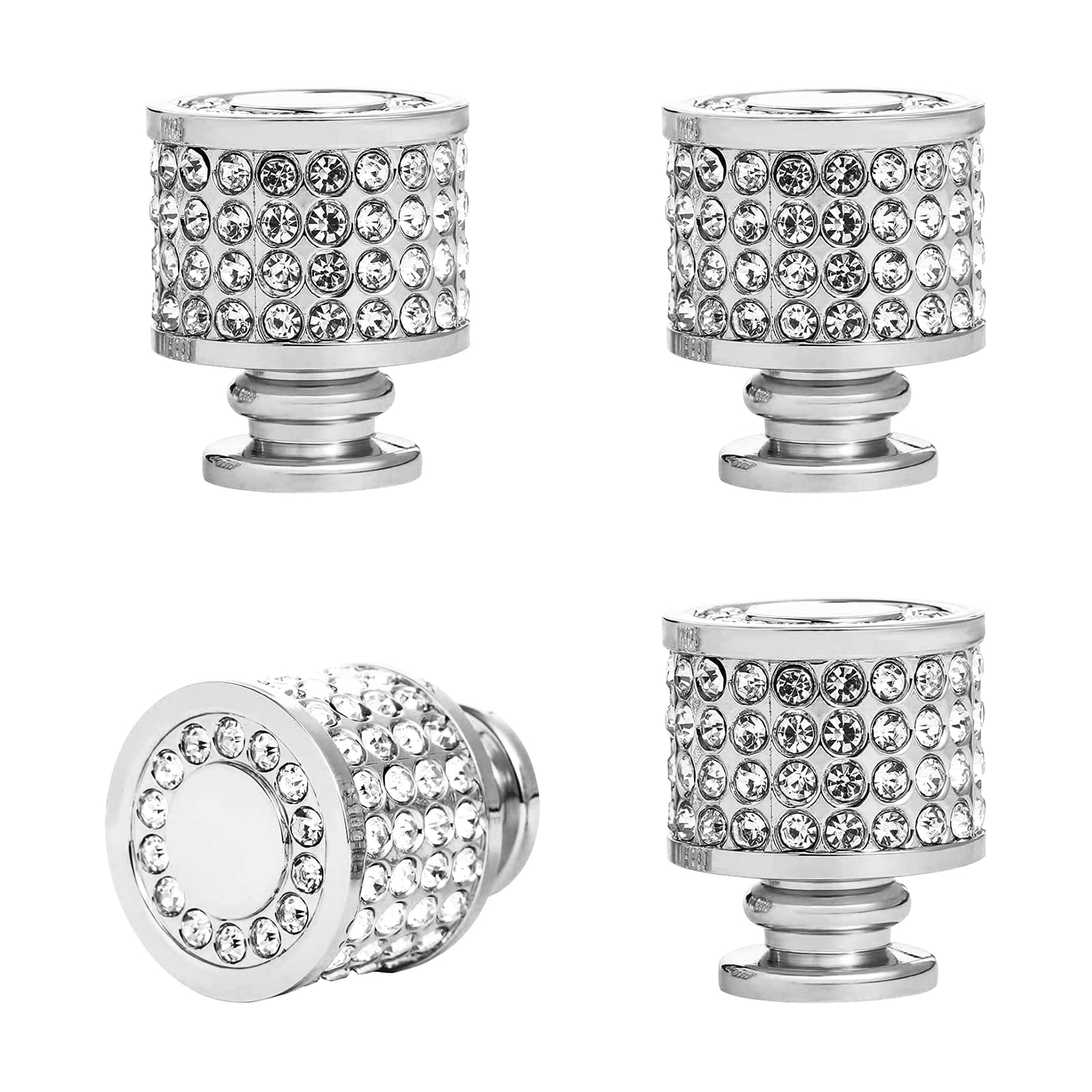 Morobor Silver Rhinestone Drawer Knob, 4Pcs Zinc Alloy Cabinet Knobs Imitation Diamond Wardrobe Door Knobs Round For Kitchen Bathroom Drawer