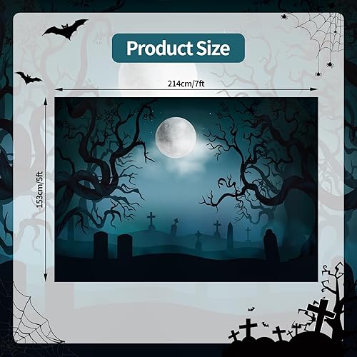 Miniatura 2 de Telón de fondo de Halloween de 7 x 5 pies, gran noche oscura con luna, diseño de bosque de lápidas, fondo para colgar en la pared, fotografía