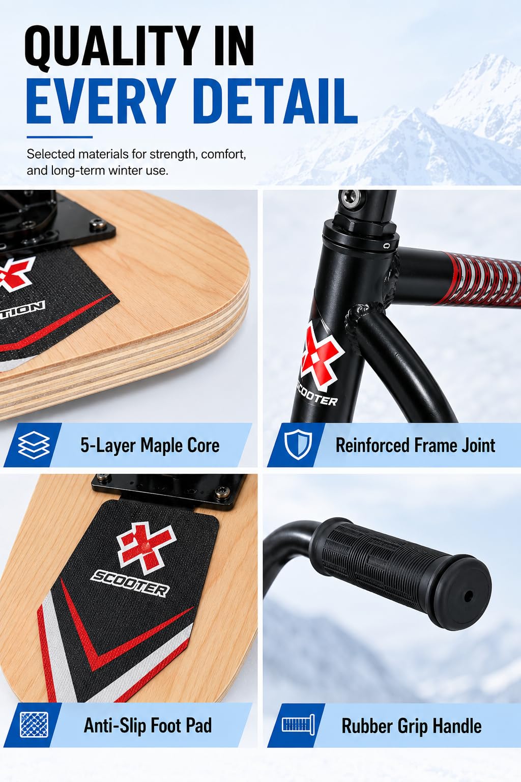 Nuovo Modello Di Snow Scooter/Slitta Con Sci, Manubrio Antiscivolo E Sci Per Tutti I Terreni, Facile Usare, Sicuro, Con Sterzo A 360°, Ideale Per Stazioni Sciistiche E Piste Sci Naturalwoodcolor