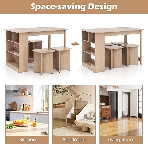 Miniatura 5 de Giantex Juego de mesa de comedor de 5 piezas para 4, juego de mesa de cocina con estante de almacenamiento lateral, 4 taburetes cuadrados, muebles