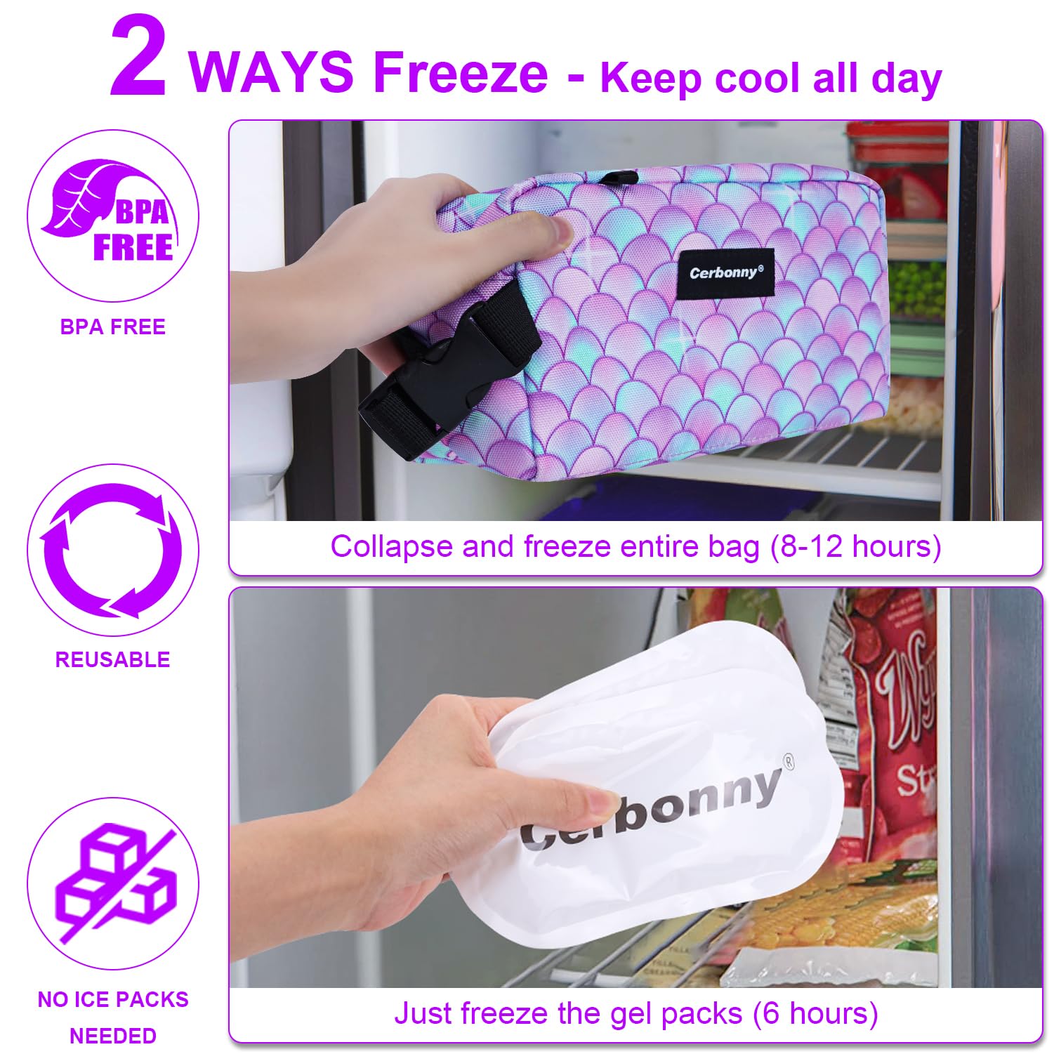 Cerbonny Small Cooler Bag Freezable Lunch Bag for Work School Travel,Small Lunch Bag,Insulated Bag for Kids/Adults,Freezer Lunch Bags Fit for Yogurt,Suit for 3+(Purple Fish) - Image 3