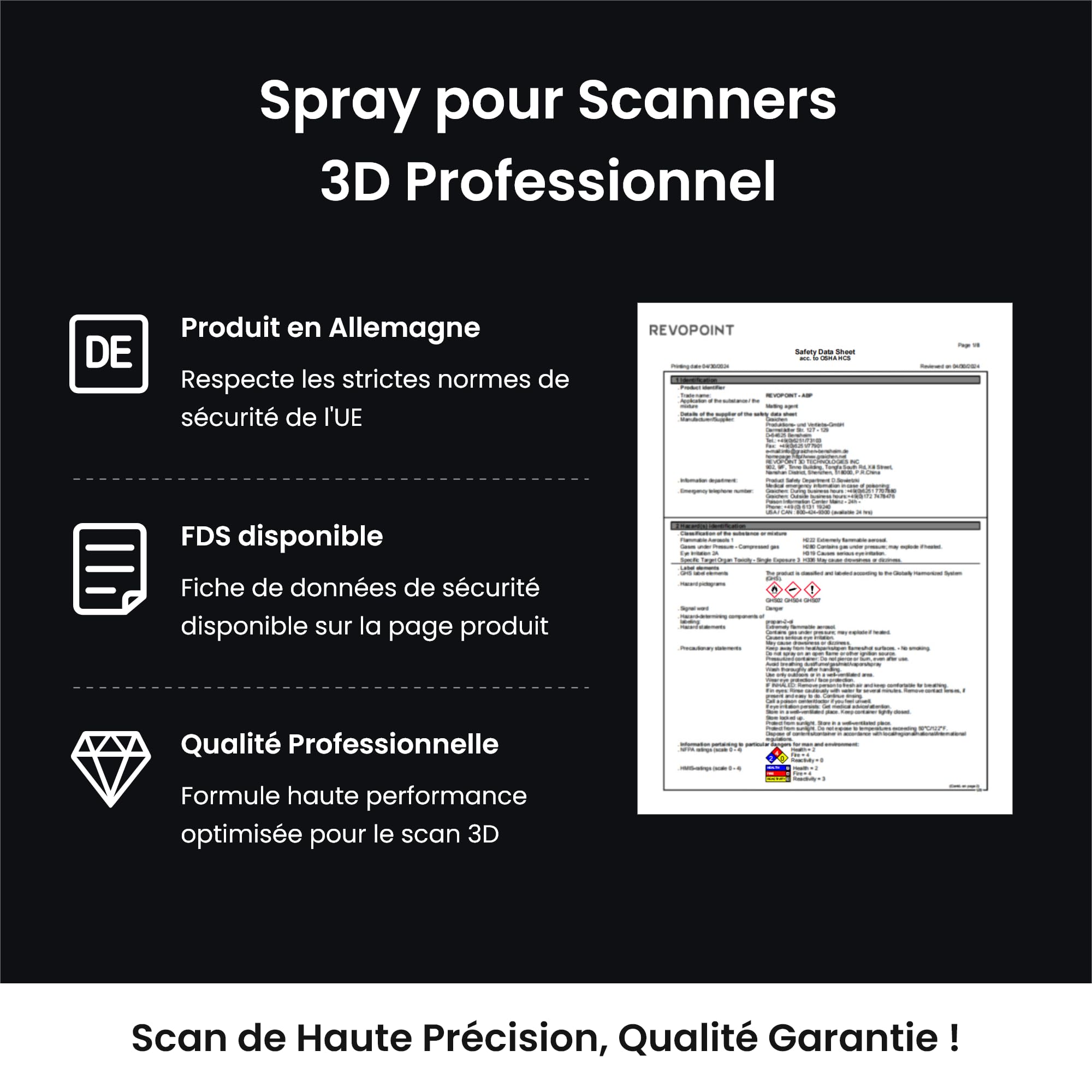 Revopoint 3D Scanning Spray AB-P pour Scanners 3D, Semi-Permanent Jusqu'à l'essuyage, pour Surfaces Réfléchissantes, Transparentes, Noires ouTrès Texturées, 500ml