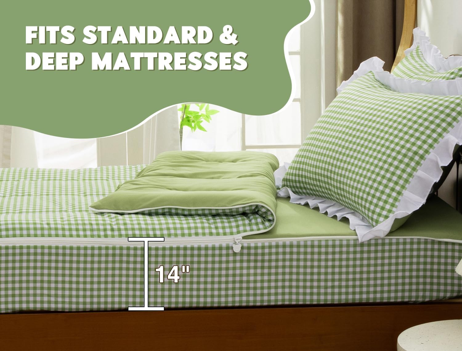 Meeting Story 3Pcs Zip Up Bedding Comforter Set for Girls, Green Checked Plaid All in One Zipper Twin Bedding Set for Kids(Green,Twin)